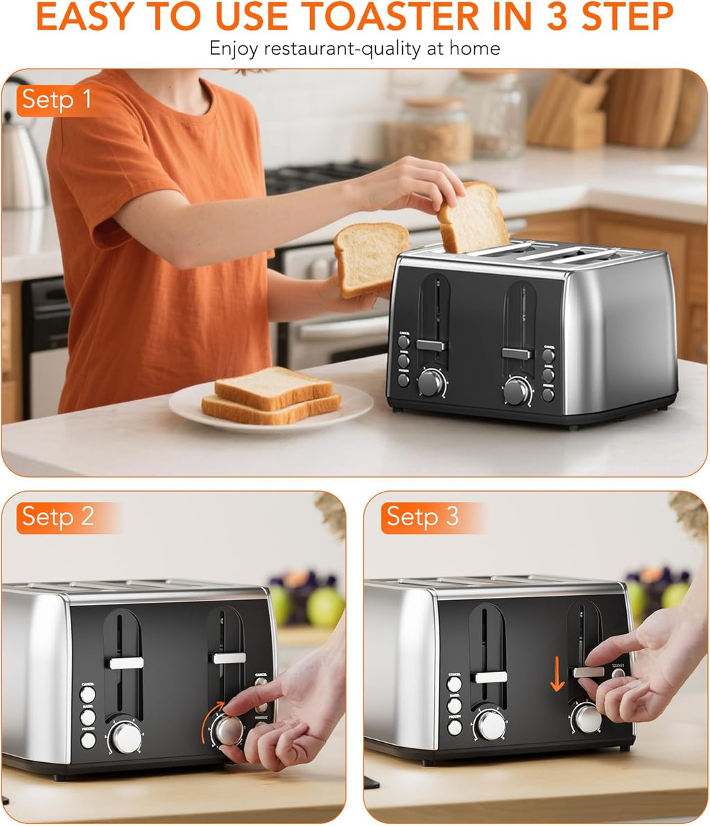 Cowsar 4 Slice Toaster, Compact Toaster with Extra Wide Slots for Toasting Bread, Bagel, Cancel/Bagel/Defrost Function, Dual Independent Controls, 6 Shade Settings, Removable Trays, Brushed Stainless