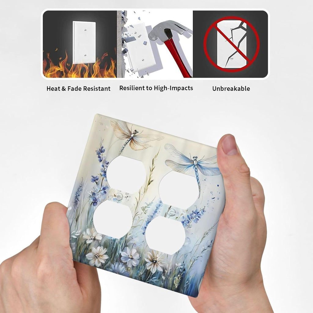 Decorative Outlet Covers Watercolor Dragonfly Blue Wihte Flower 2 Gang Light Switch Cover Plate Double Duplex Wall Plates for Electrical Outlets Switch Plate Covers for Bedroom Home Decor