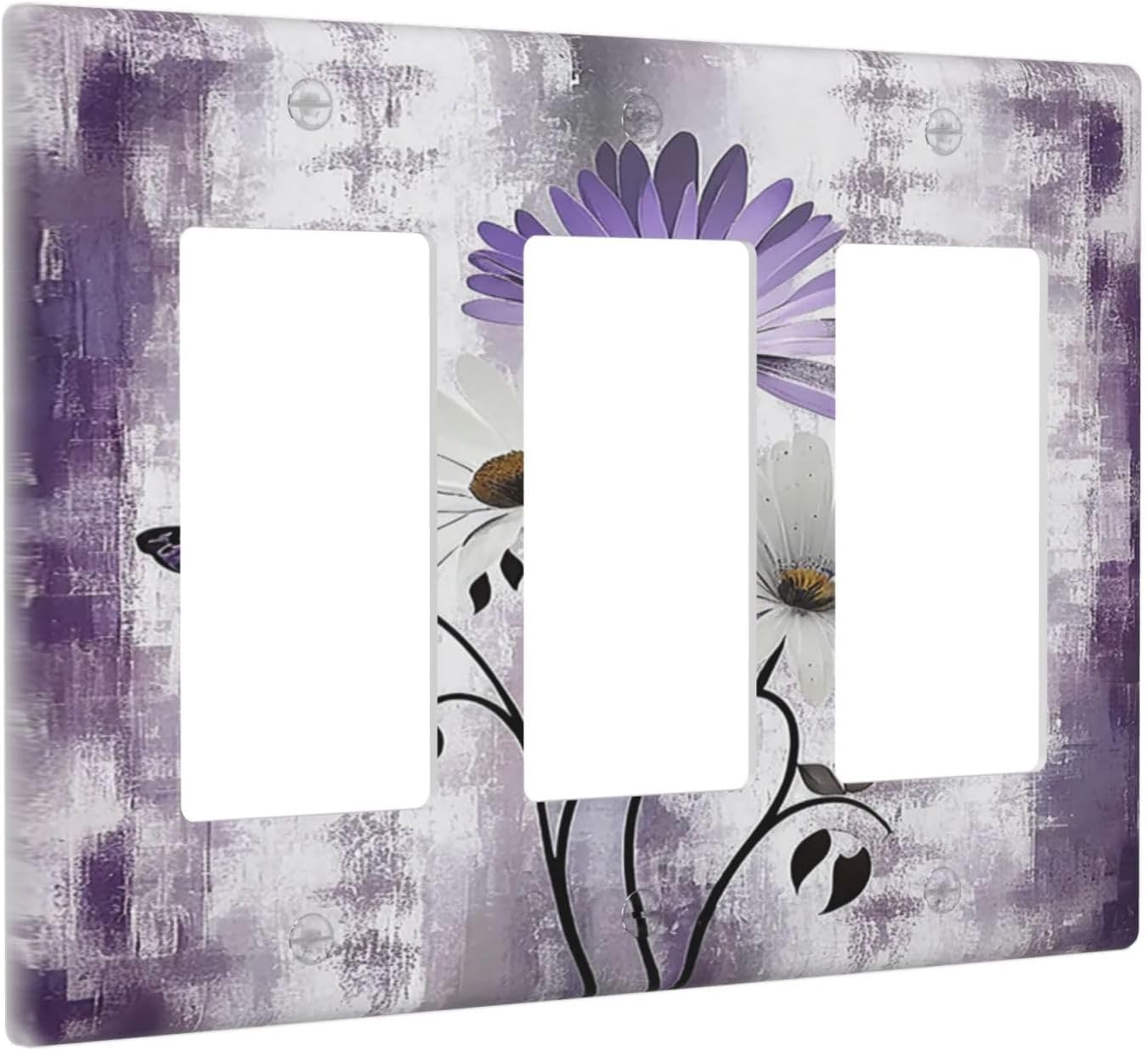 Purple Daisy White Floral Butterfly Flowers Triple Rocker Light Switch Covers 3 Gang Outlet Cover Wall Plates Decorative Switch Plates Electrical GFCI Faceplate Switchplate for Home 4.49 X 6.38 IN