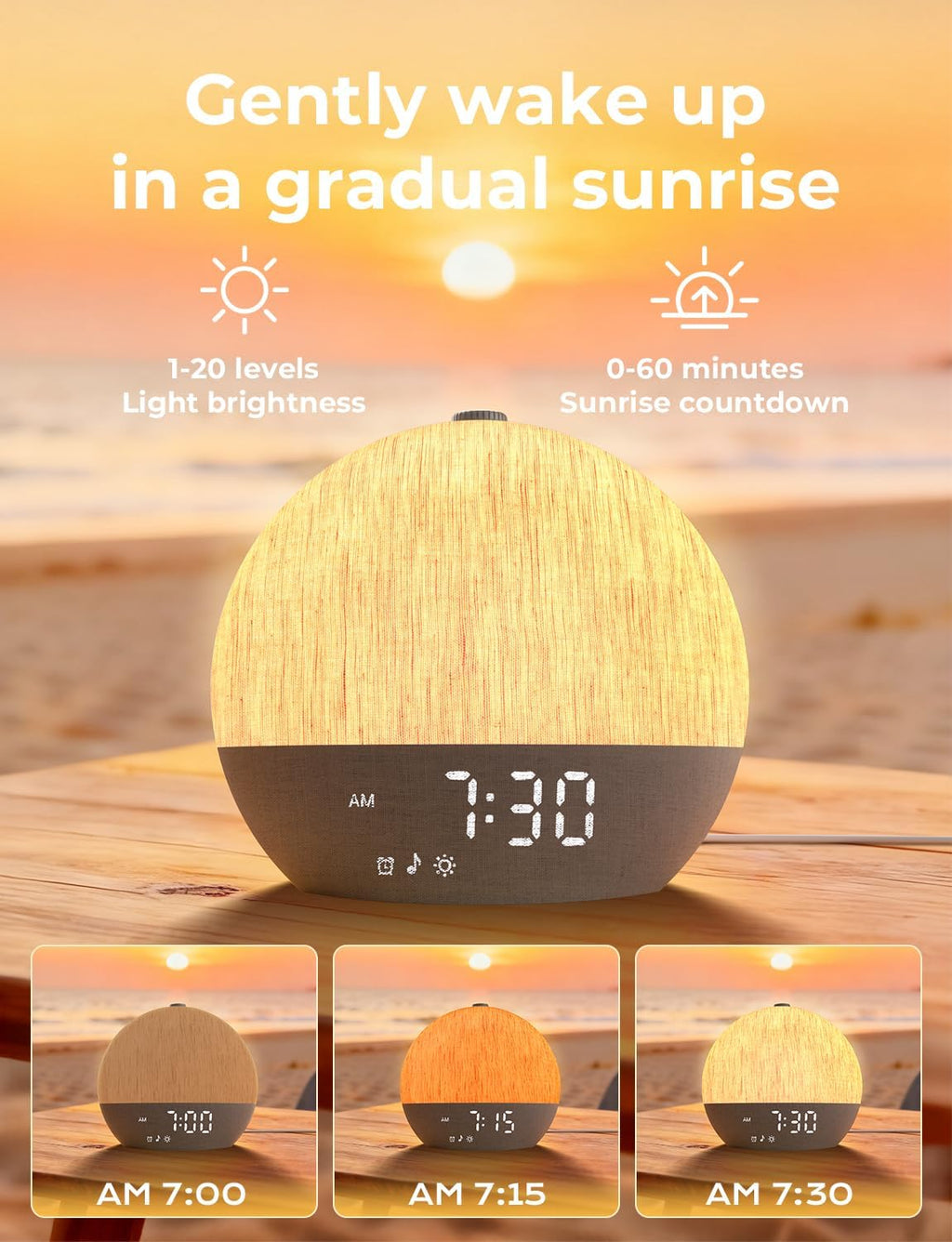 LIORQUE Sunrise Alarm Clock, Digital Alarm Clocks Bedside, 30 Sleep Sounds, Sleep Timer, Adjustable Volume & Brightness,Screen Free Design, Bluetooth, Wake up Light with White Noise for Heavy Sleepers