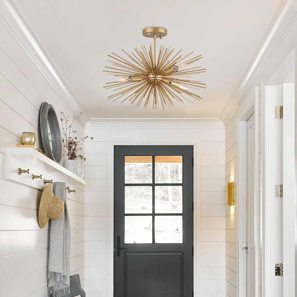 Starburst Chandelier, 4 Lights Modern Gold Sputnik Chandelier Vintage Light Fixture Flush Mount Ceiling Light for Bedroom Kitchen Island Entryway Foyer,20in
