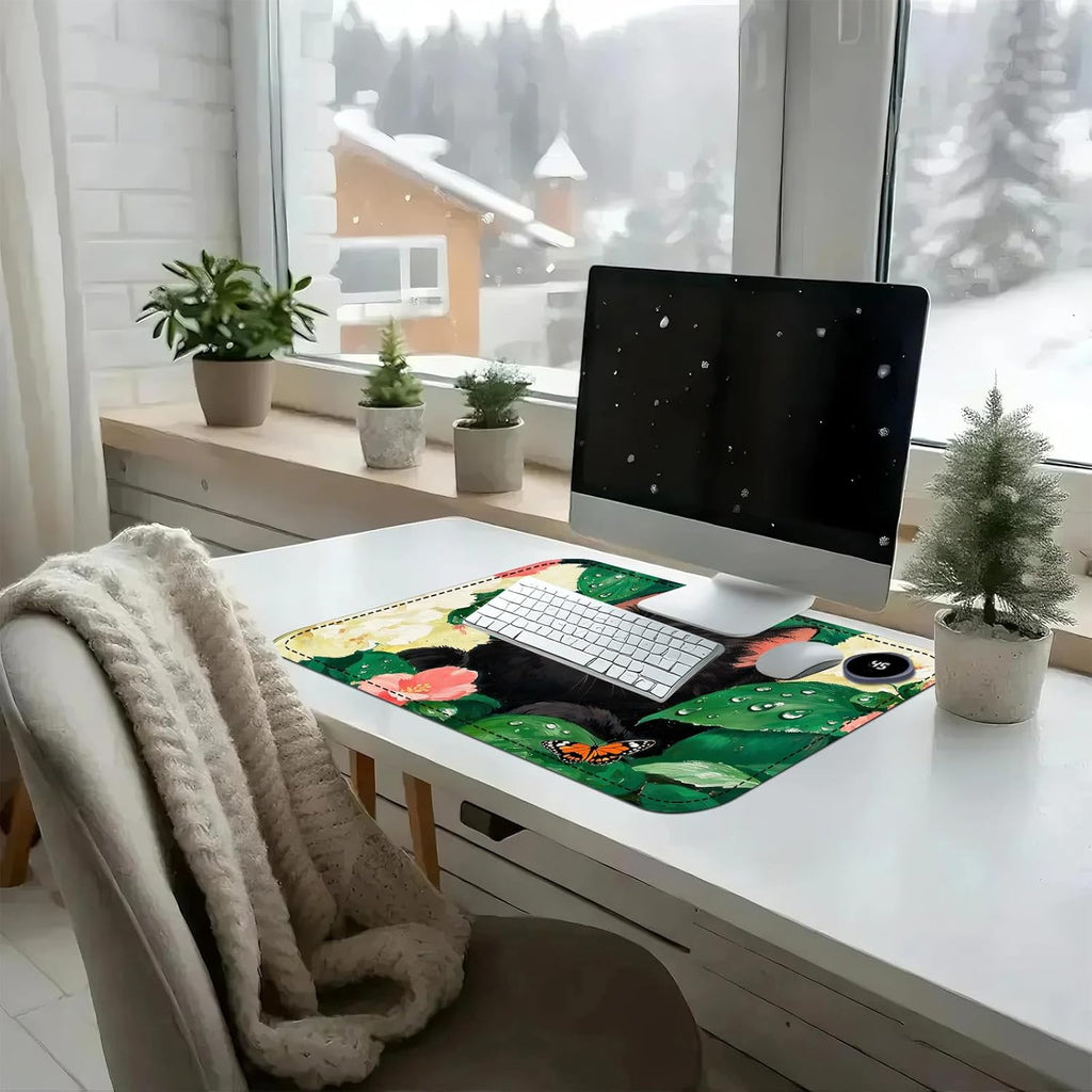 Heated Mouse Pad with 3 Temperature Settings(104°F–122°F),Large 24x14.2 Inch PU Leather Heated Desk Mat,Waterproof Warming Pad for Office,Gaming & Cold Hands Relief,Flower Black Cat Art