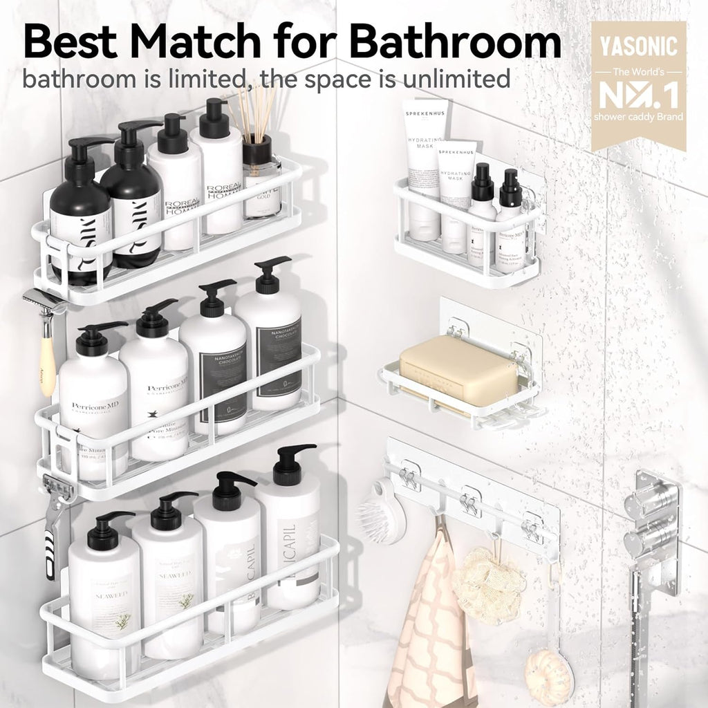 YASONIC Shower Caddy, 6 Pack Large Capacity shower organizer with Soap Holder and 12 Hooks, Rustproof Shelves for Inside Shower, No Drilling&Sleek Bathroom Organizers and Storage White