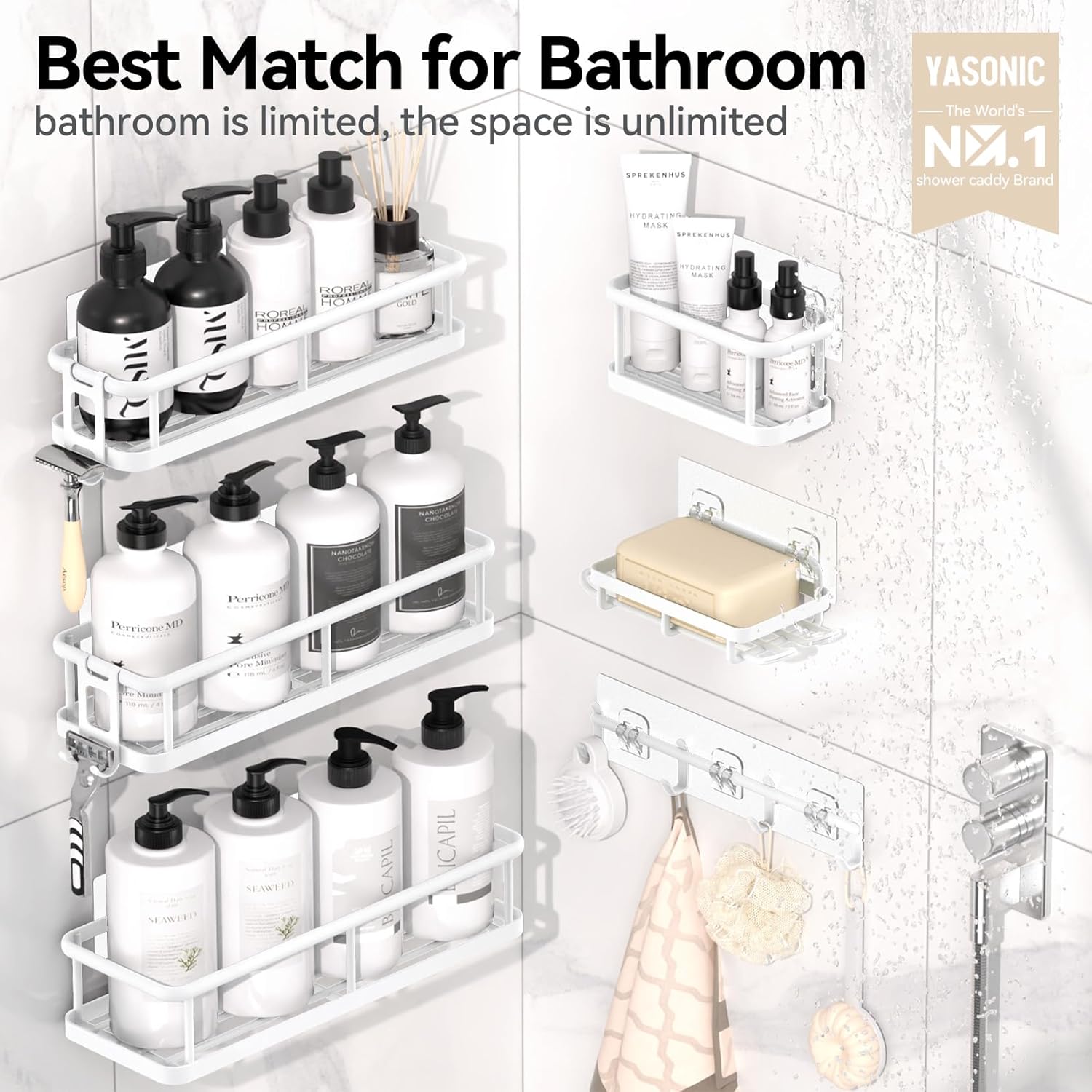 YASONIC Shower Caddy, 6 Pack Large Capacity shower organizer with Soap Holder and 12 Hooks, Rustproof Shelves for Inside Shower, No Drilling&Sleek Bathroom Organizers and Storage White