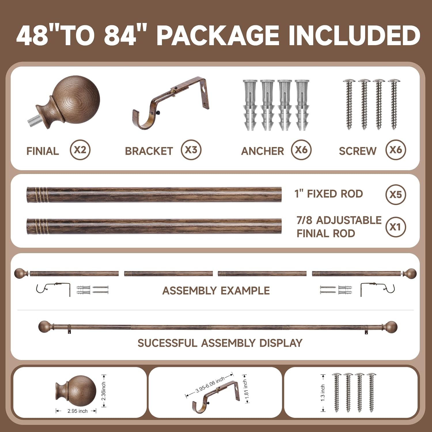 BRIOFOX Walnut Wood Curtain Rods for Windows 48 to 84 Inch(4-7.33ft) - 1'' Diameter Heavy Duty Curtain Rods with Imitation Wood Grain Pattern Finials,Adjustable Decorative Curtain Rods Set,28-88''