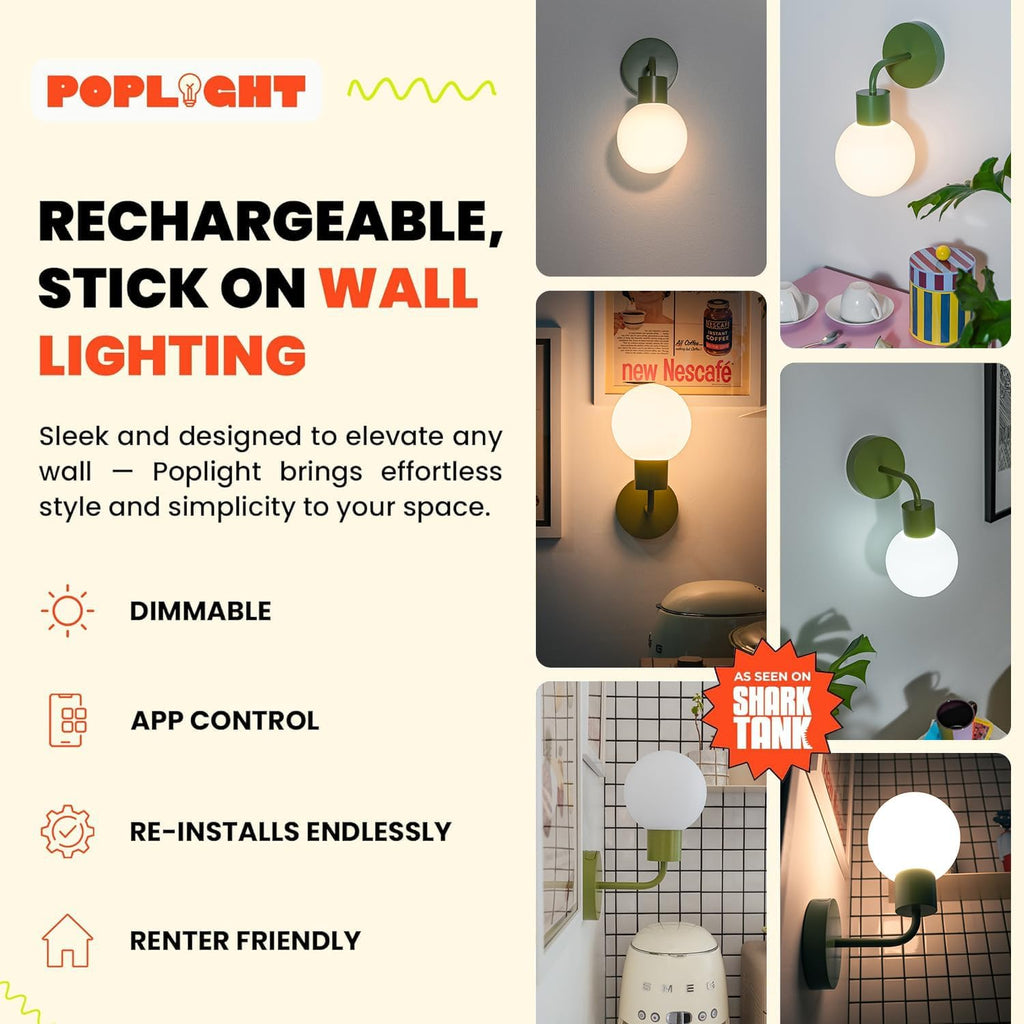 Wireless Wall Sconce (Shark Tank) Rechargeable & Dimmable LED Light w/App Control & Damage-Free Install, Moveable Modern Ambient Lighting for Elegant Home & Bedroom Decor | Sage Green