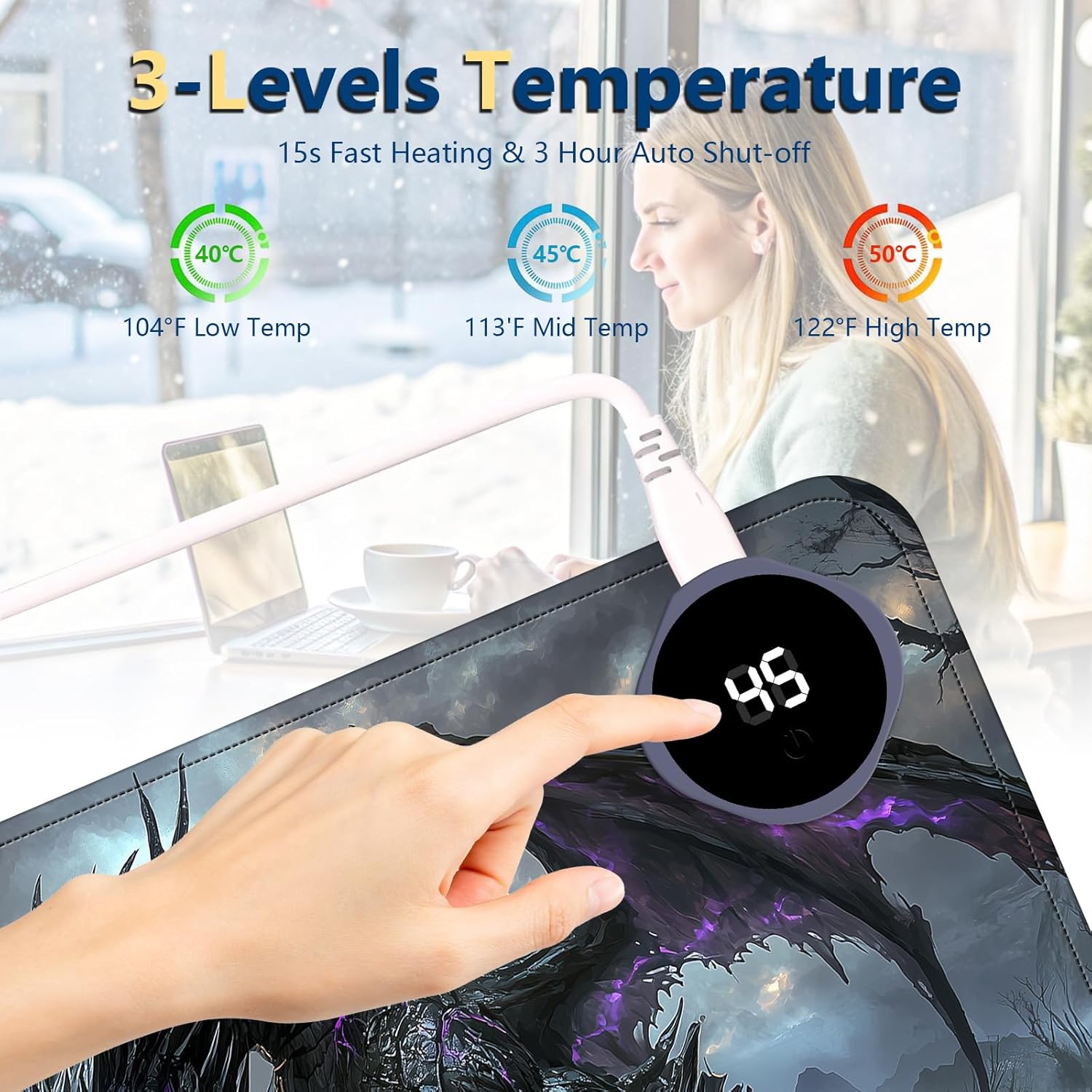 Heated Mouse Pad with 3 Temperature Settings(104°F–122°F),Large 24x14.2 Inch PU Leather Heated Desk Mat,Waterproof Warming Pad for Office,Gaming & Cold Hands Relief,Dark Dragon Fantasy