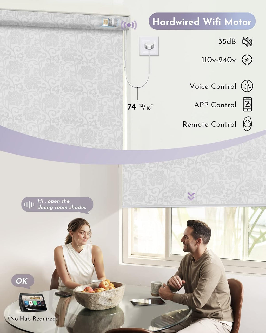 Graywind Smart Blackout Roller Shades Compatible with Alexa Google WiFi Hardwired Patterned Fabric Motorized Blinds Remote Window Shades, Custom Size (Floral Jacquard White)
