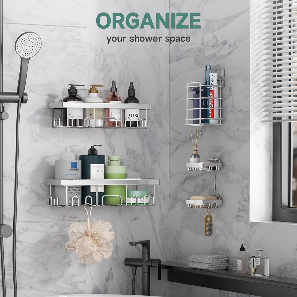Veken Adhesive Shower Caddy 5-Pack,Heavy Weight Bearing,Large Wall Mounted Shower Shelves Rack,Organizer Storage Accessories with Soap Dish&Toothbrush Holder,Ideal for Bathroom,Home&Kitchen,Silver