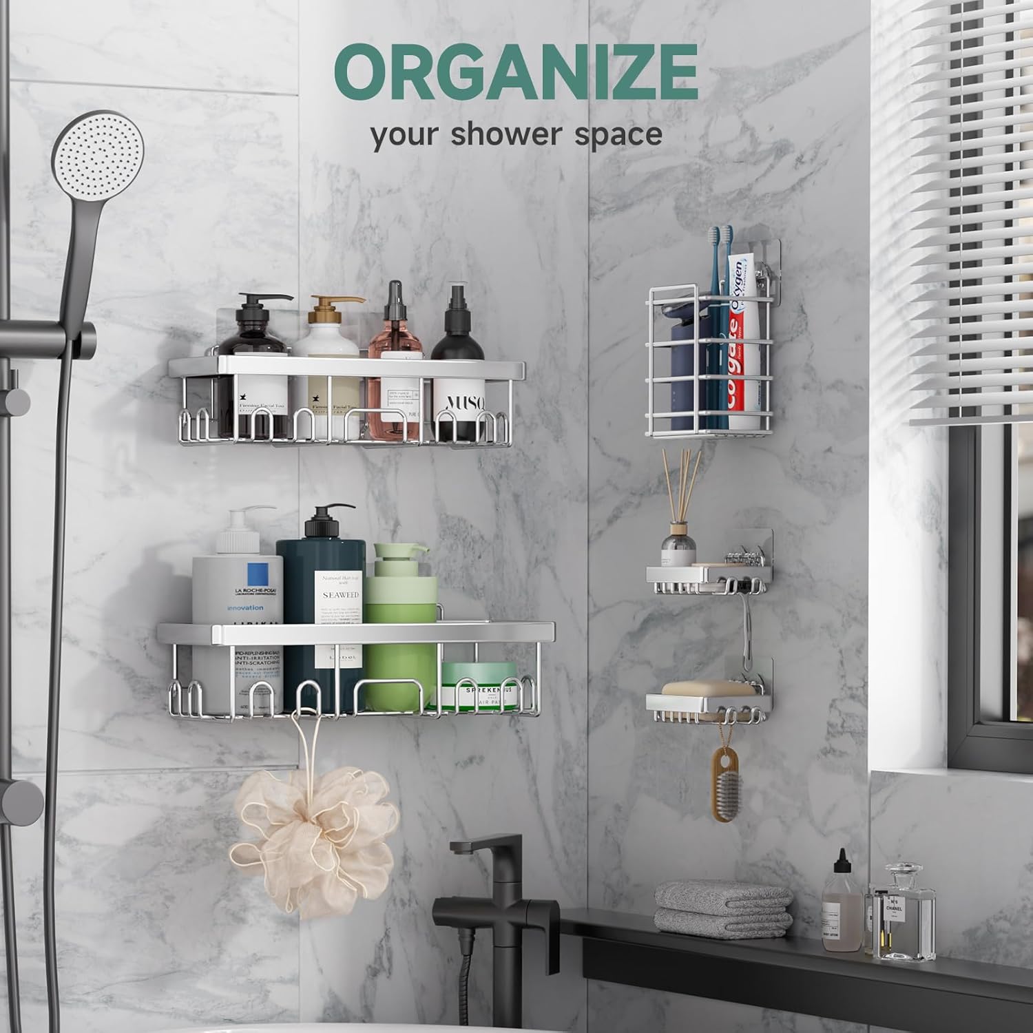 Veken Adhesive Shower Caddy 5-Pack,Heavy Weight Bearing,Large Wall Mounted Shower Shelves Rack,Organizer Storage Accessories with Soap Dish&Toothbrush Holder,Ideal for Bathroom,Home&Kitchen,Silver