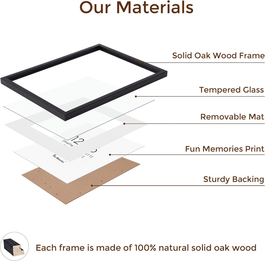 Black Picture Frame 12x16, Oak Wood 12"x16" Photo Frame for Wall, 12x16 Frame with Mat for 8.5x11, 12 x 16 Poster Frames - Tempered Glass (Black, 1 Pack)