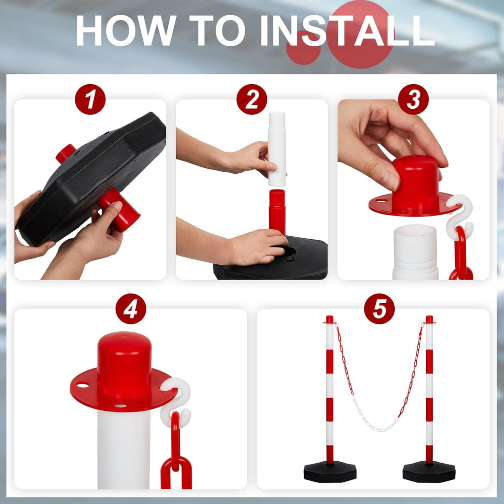 Amylove 9 Packs Traffic Delineator Post Cone with Base, Traffic Cones Safety Cones Caution Cones Plastic Stanchion Chain Safety Barriers with 6.6 Feet Link Chain and S Hooks for Parking Lot (Red)