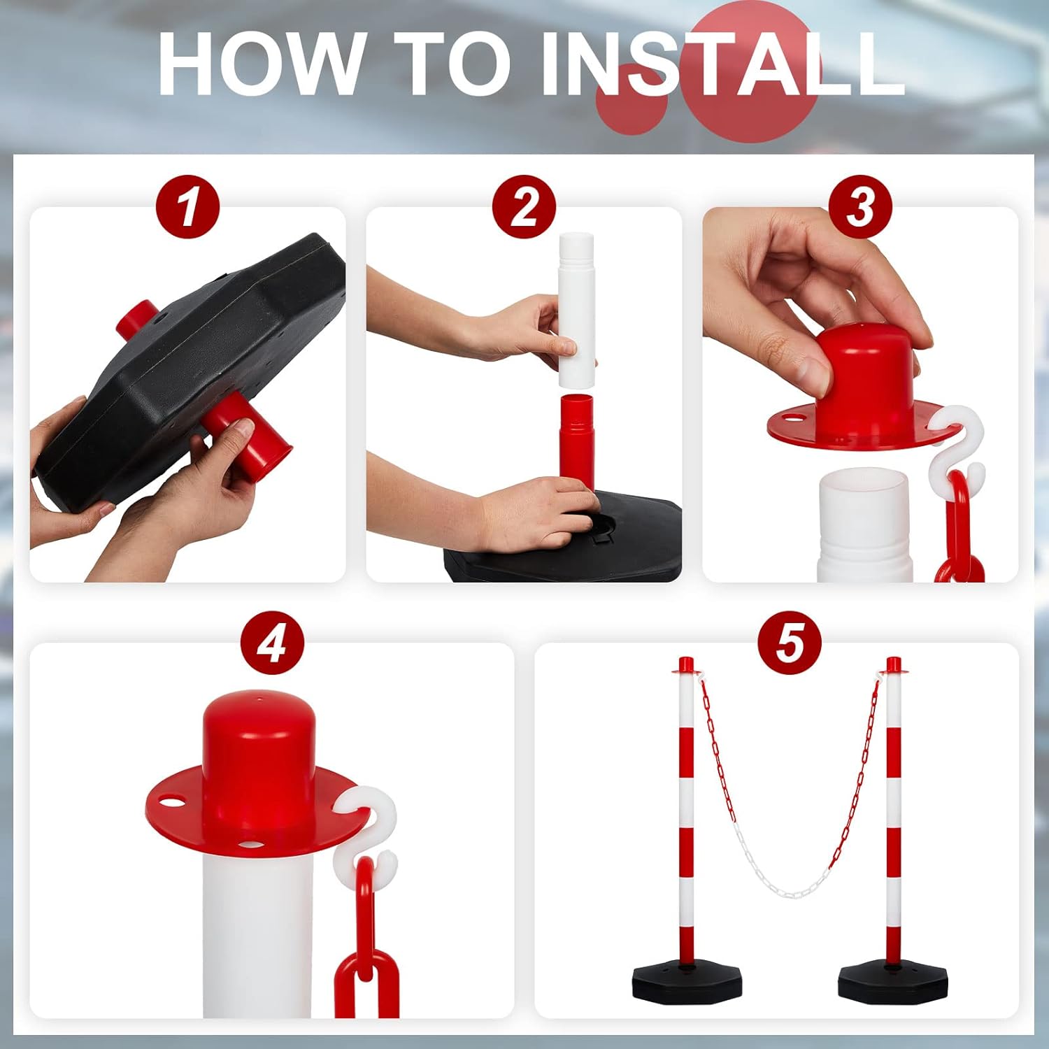 Amylove 9 Packs Traffic Delineator Post Cone with Base, Traffic Cones Safety Cones Caution Cones Plastic Stanchion Chain Safety Barriers with 6.6 Feet Link Chain and S Hooks for Parking Lot (Red)