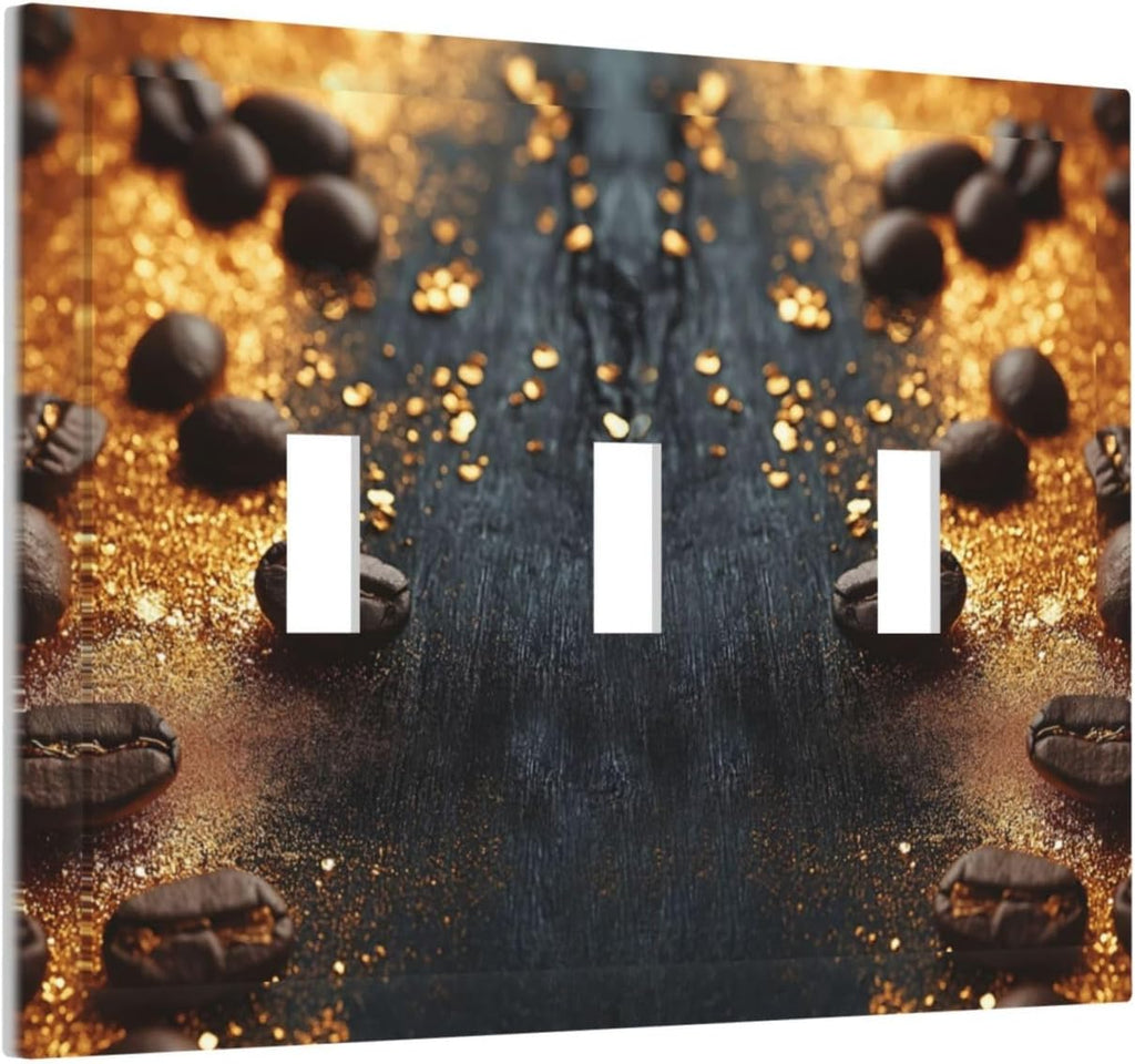 Decorative Light Switch Cover Plate Black Wood Board Gold Dust Coffee Beans 3 Gang Wall Plate Oversized Triple Toggle Switch Cover Plate Jumbo Face Plate for Home Decor