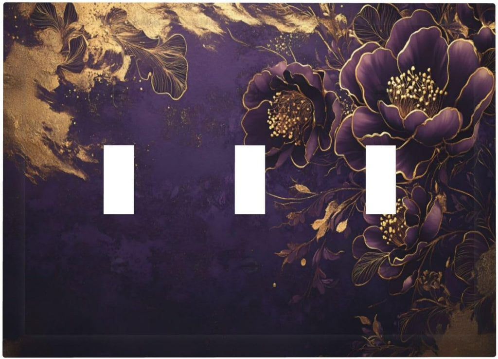 Decorative Purple Peony Gold Leaf Flowers Floral 3 Gang Wall Plate Oversized Triple Toggle Switch Cover Plate Jumbo Electrical Face Plate for Bedroom Decor