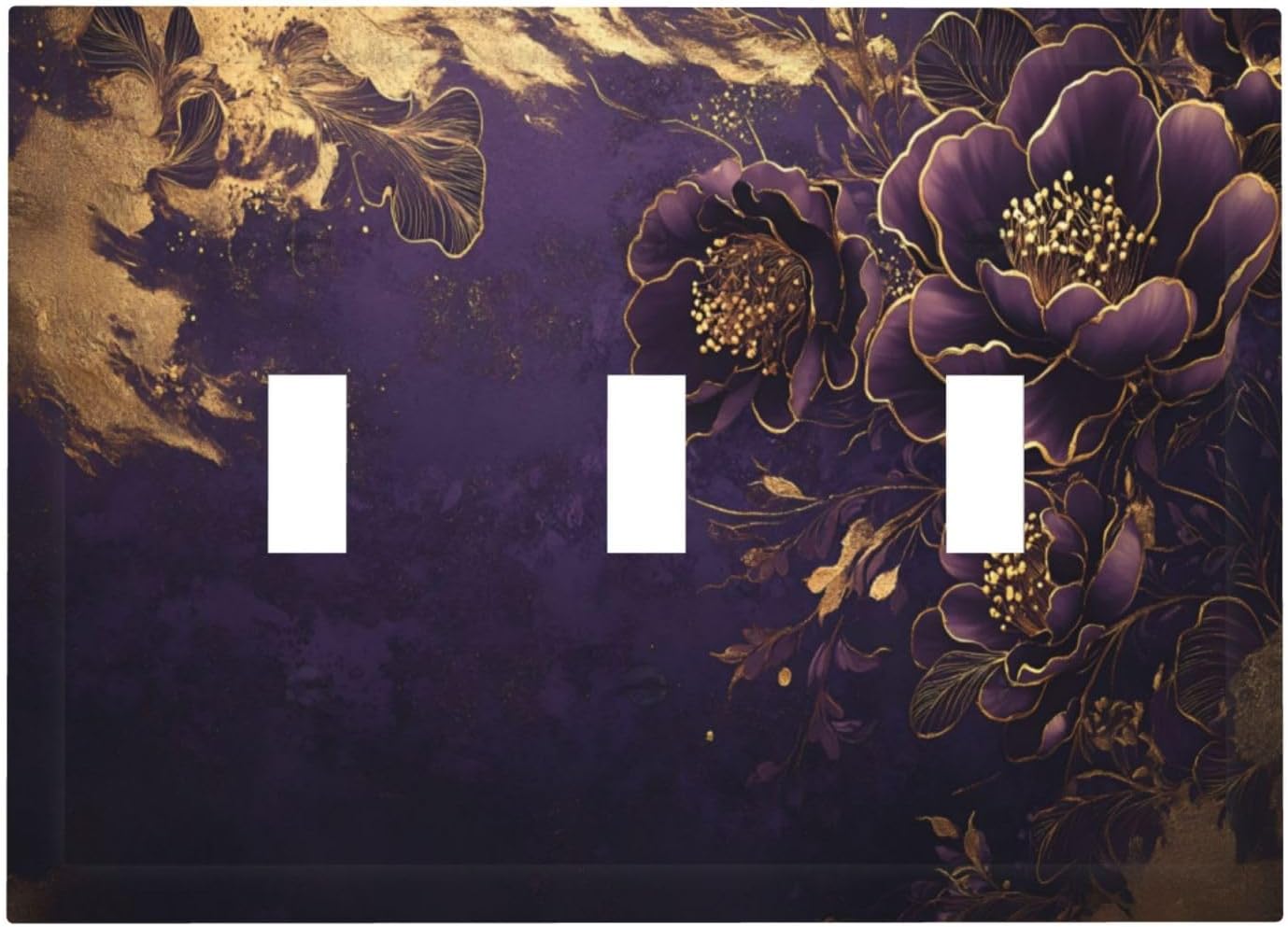 Decorative Purple Peony Gold Leaf Flowers Floral 3 Gang Wall Plate Oversized Triple Toggle Switch Cover Plate Jumbo Electrical Face Plate for Bedroom Decor