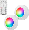 Amazon Basics LED Puck Lights, Color Changing, Battery Operated, IR Remote, 40 Lumens, 2 Pack, Wireless Stick on Lights, Under Cabinet Lighting, Ideal for Closets, and More, White