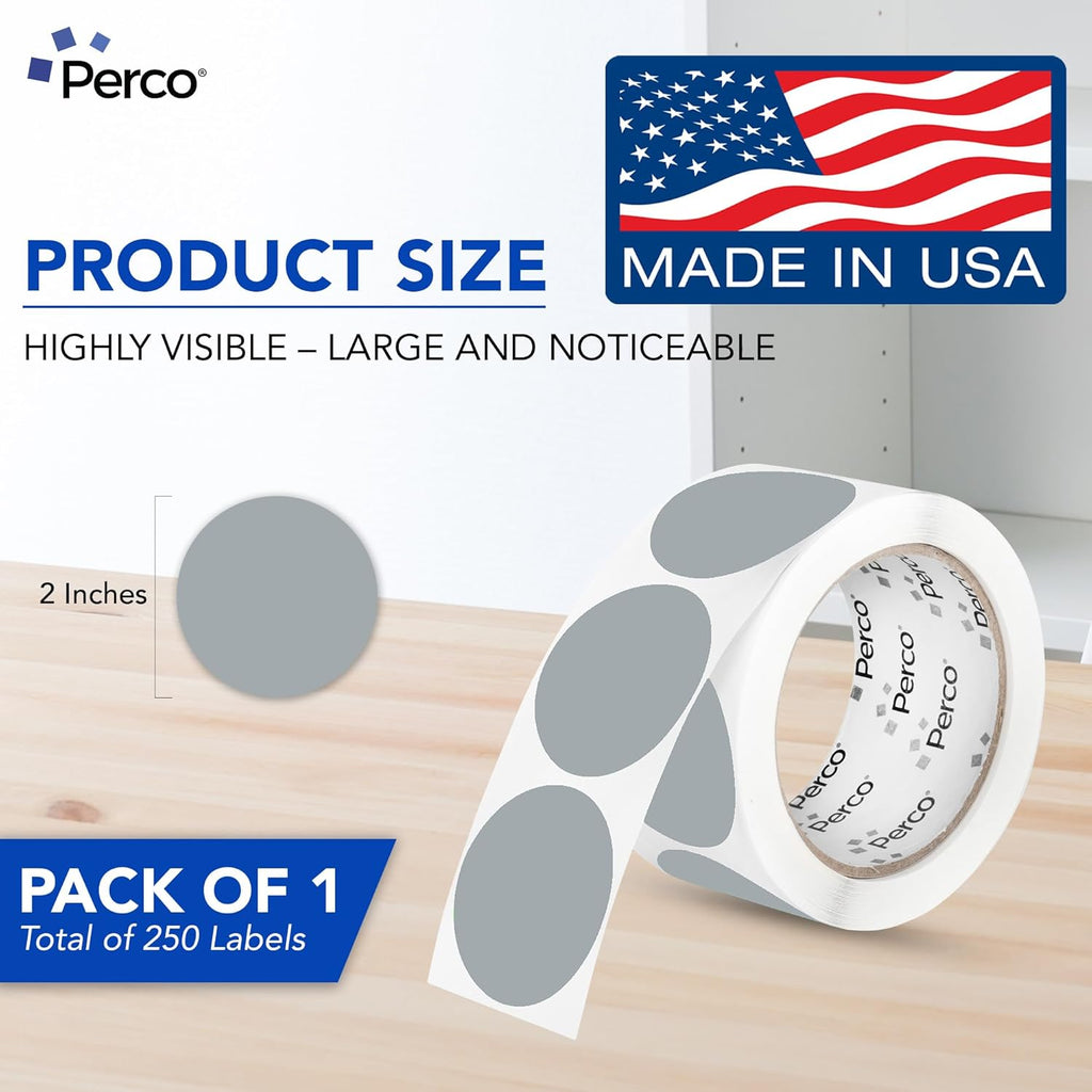 Perco Grey 2-Inch Perforated Circle Dot Sticker Labels — 250 Round Stickers Per Roll — with Permanent Adhesive for Organizing, Color Coding, Bin Labeling, Packaging Alerts — Made in USA
