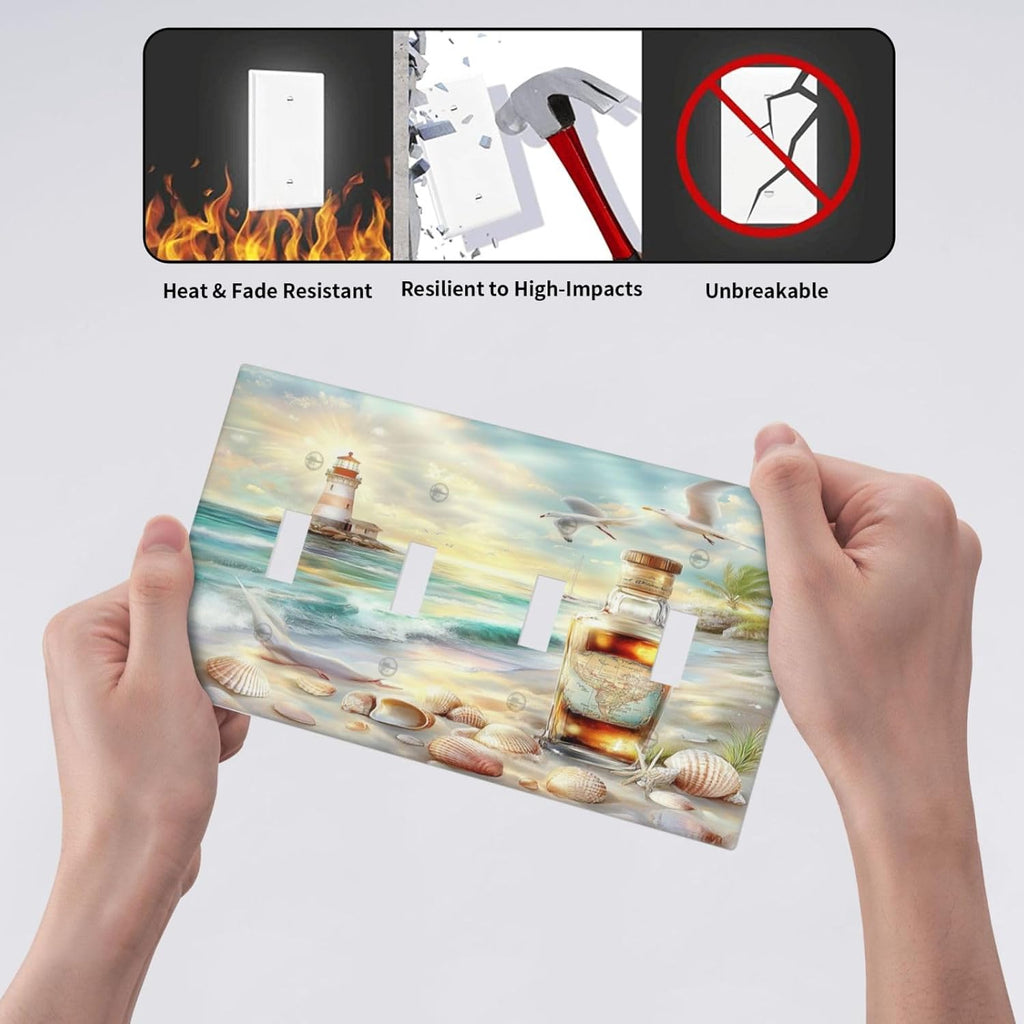 Light Switch Covers Beach Ocean Lighthouse Seashells Quad Toggle Electrical Faceplate 4 Gang Wall Plate Decorative Switch Plates For Bed Room Living Room Decor