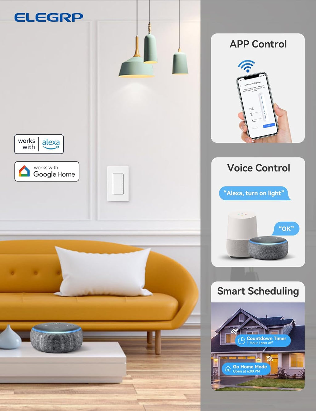 ELEGRP Smart Dimmer Light Switch DPR30, 2.4GHz Wi-Fi Dimmer Switch Compatible with Alexa and Google Assistant, Single Pole/3 Way, Needs Neutral Wire, No Hub Required, UL&FCC Listed, White, 1 Pack