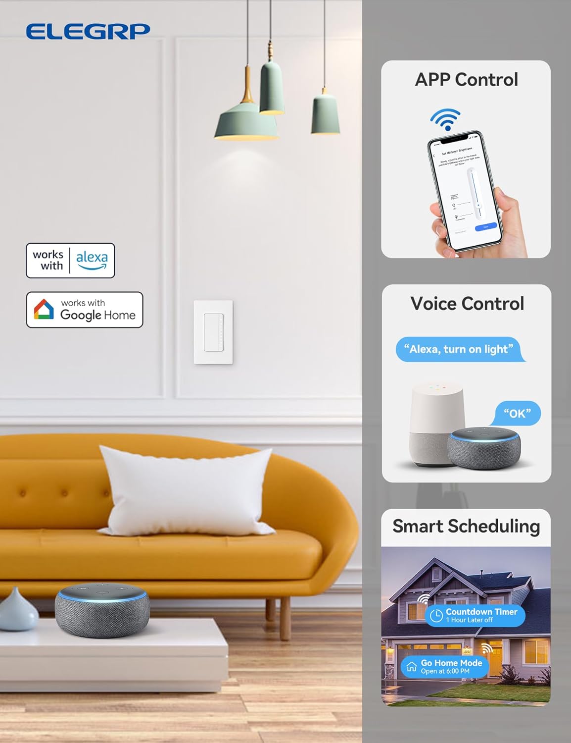 ELEGRP Smart Dimmer Light Switch DPR30, 2.4GHz Wi-Fi Dimmer Switch Compatible with Alexa and Google Assistant, Single Pole/3 Way, Needs Neutral Wire, No Hub Required, UL&FCC Listed, White, 6 Pack