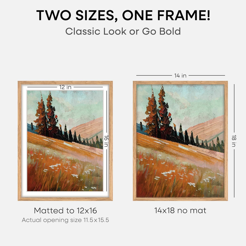 Homeforia 14x18 Picture Frame Natural Wood, High End Oak 14x18 Light Wooden Poster Frame with Mat 12x16, 14 x 18 Frames Matted to 12 x 16 Photo, 18x14 Hanging Frame, Tempered Glass, Wall Kit, Set of 1
