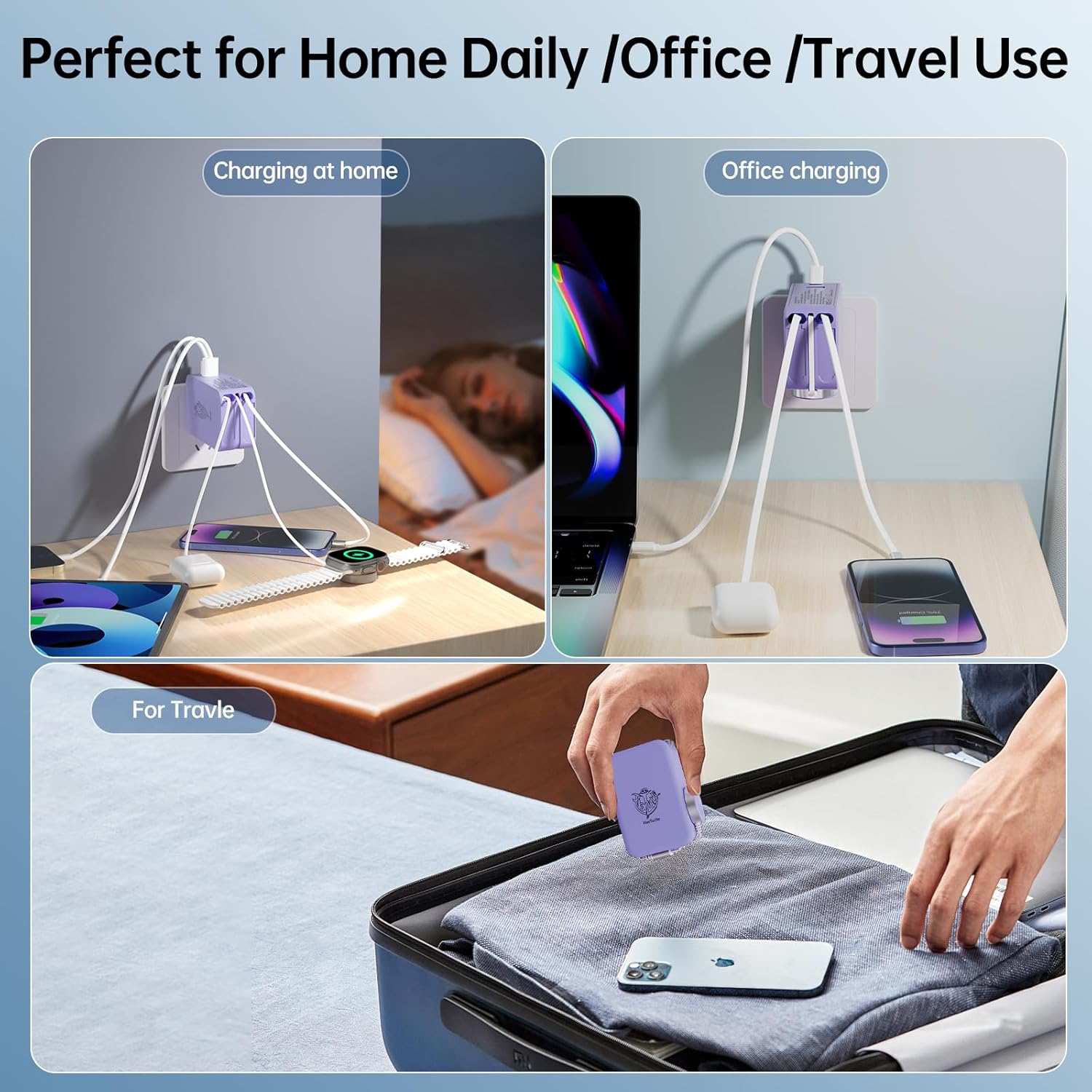 Retractable Apple Watch Charger, 5 in 1 Travel Charging Station for Apple Devices, Retractable Chargers for Multiple Devices with Multi Charging Cable, Charger Block for Apple Gear (Purple)