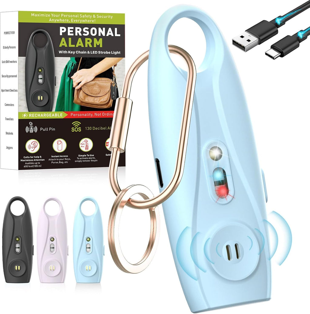 Rechargeable Personal Safety Alarm Keychain, Upgraded Dual-Color Red & Blue Strobe Light, LED Flashlight, 130dB Loud Siren, Safe Personal Alarm for Women, Kids and Elders