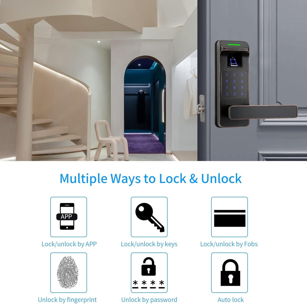 Harfo Fingerprint Door Lock, Heavy Duty Full APP Control Touchscreen Keypad Keyless Lock with Reversible Handle, Perfect for Home/Office/Bedroom Doors (Aged Bronze)