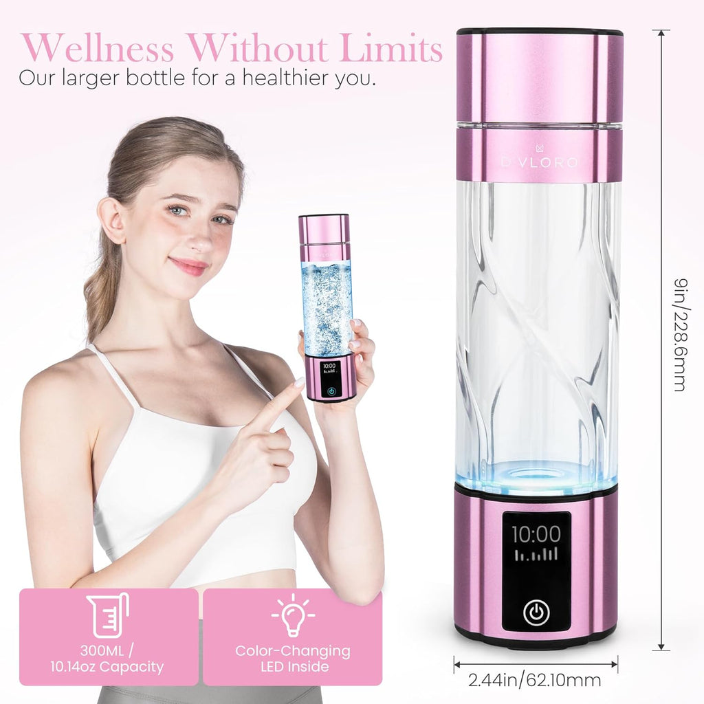D’VLORO Hydrogen Bottle – Portable 10 OZ H₂ Infuser Hydrogen-Water-Bottle with UV Light – Electric Water Bottle 7.83Hz Tech, Wireless Charging Pad, 5-10 Min Cycles, Up to 4000+ PPB Concentration