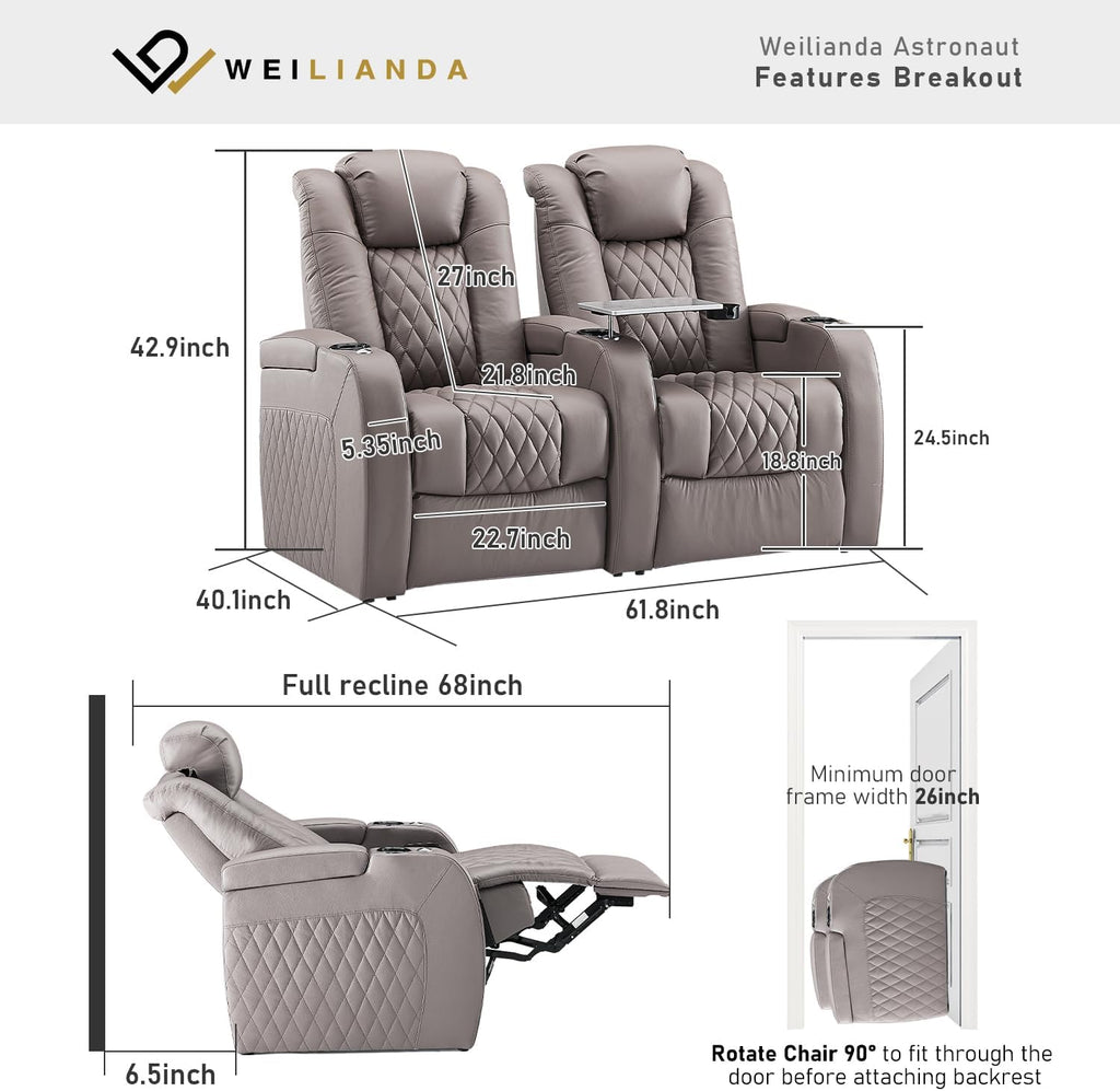 Weilianda Home Theater Seating Top Grain Leather Zero Gravity Recliner Chair Power Headrest Recline Movie Seat Gaming 7 Colors Mood Light Sofa with Tray Table USB Charge Row of 2 Grey