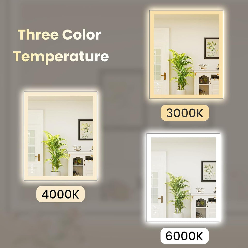 WTTY 30"X36" LED Bathroom Mirror with Black Frame, Bathroom Vanity Mirror with Lights for Wall, Front Light and Backlit, Anti-Fog, Dimmable, 3 Colors, Shatterproof, Memory, Horizontal/Vertical