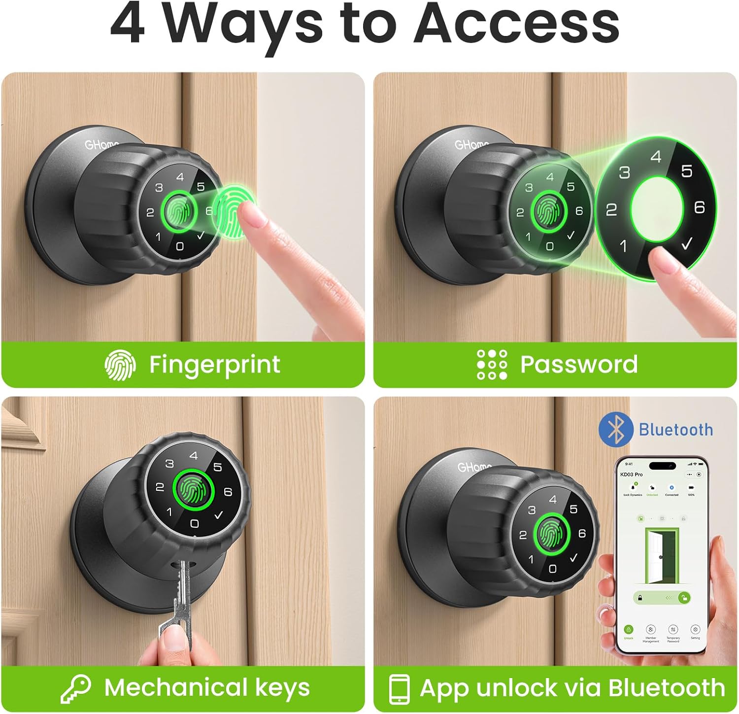 GHome Smart Fingerprint Door Lock, 4-in-1 Fingerprint Door Knob with Keypad, App Control, Keys, Removable & Rechargeable Battery, Door Locks for Bedroom, Home, Garage, Storage Room