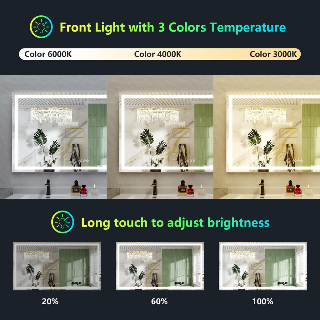 66x40 Inch RGB LED Bathroom Mirror Front Light and RGB Backlit Lighted Vanity Mirror for Bathroom Wall Mounted Dimmable Anti Fog Memory Shatter-Proof IP54 Waterproof Horizontal/Vertical