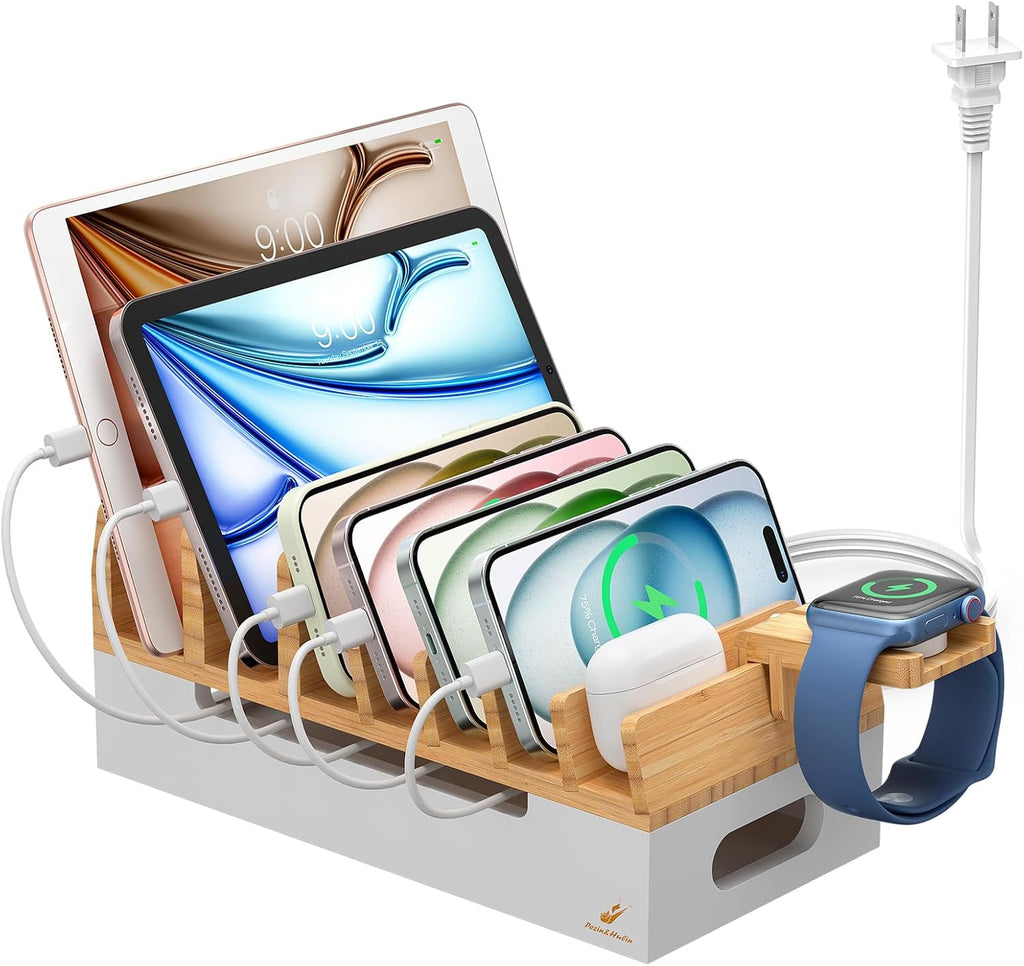 Pezin & Hulin Bamboo Charging Station with Watch Stand, Docking Holder for Multi Device with USB Charger HUB, 5 Charge Cables, Desktop Electronic Organizer for Phone, Tablet, Watch-Natural + White