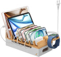 Pezin & Hulin Bamboo Charging Station with Watch Stand, Docking Holder for Multi Device with USB Charger HUB, 5 Charge Cables, Desktop Electronic Organizer for Phone, Tablet, Watch-Natural + White