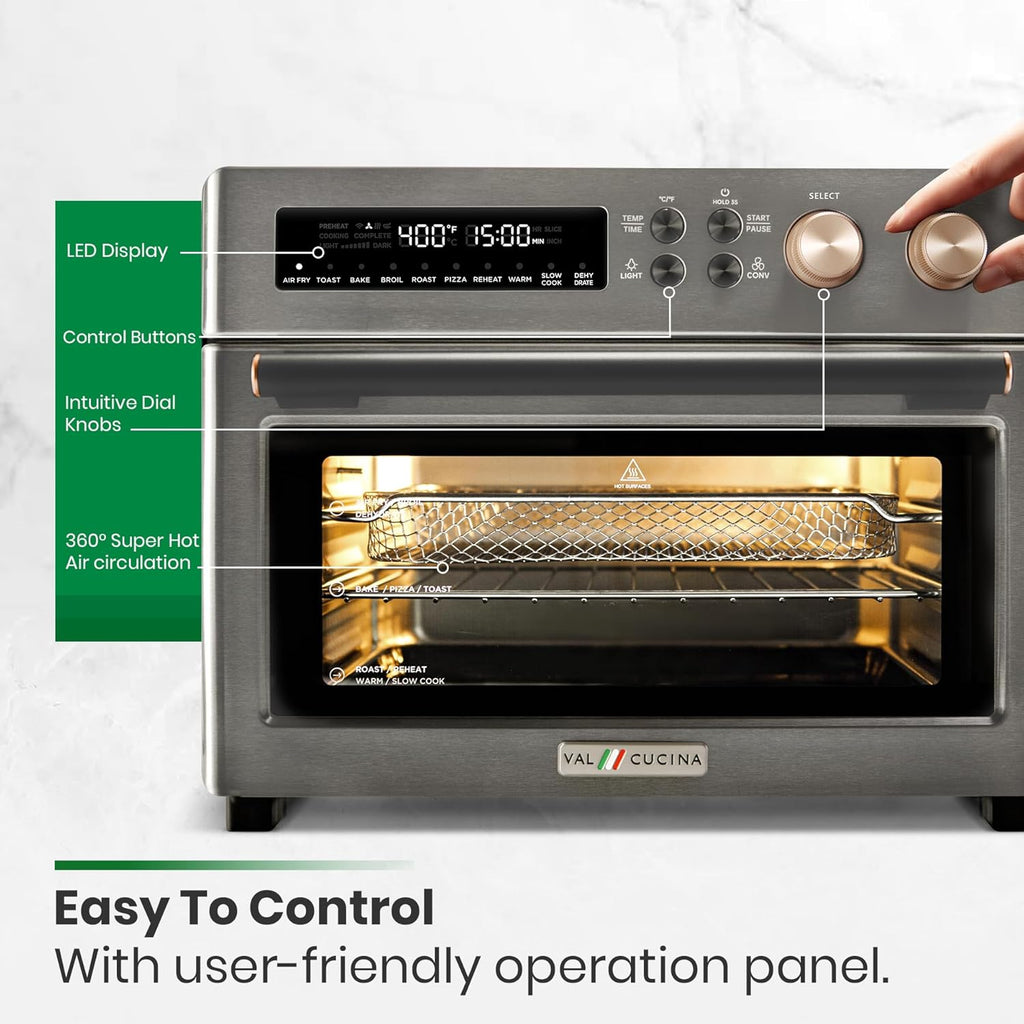 VAL CUCINA Infrared Heating Air Fryer Toaster Oven, Extra Large Countertop Convection Oven 10-in-1 Combo, 6-Slice Toast, Enamel Baking Pan Easy Clean with Recipe Book, Black Matte Stainless Steel