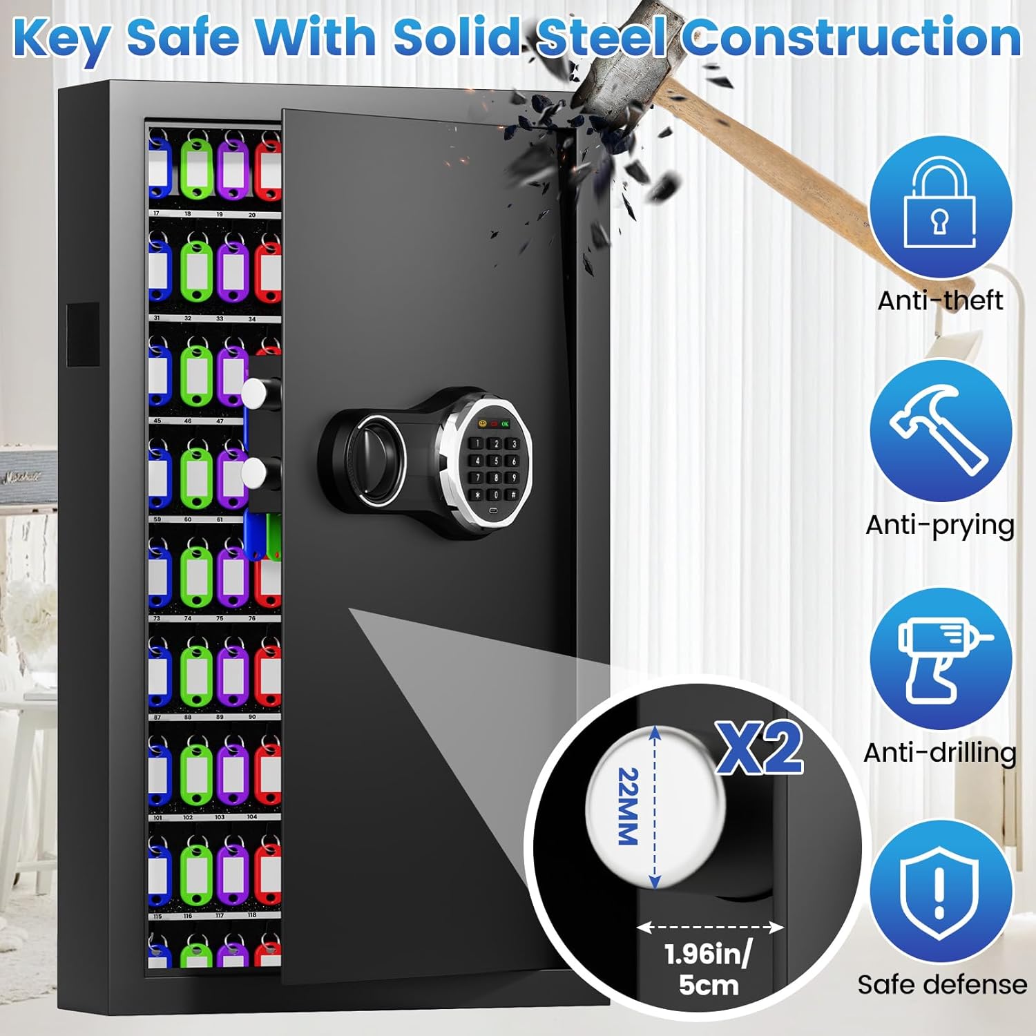 206 Keys Combination Lock Key Cabinet with Colorful Key Tags, Anti-Theft Key Lock Box with Side Drop Slot, Heavy Duty Key Organizer Wall Mount for Car Garage House Rental Office Business