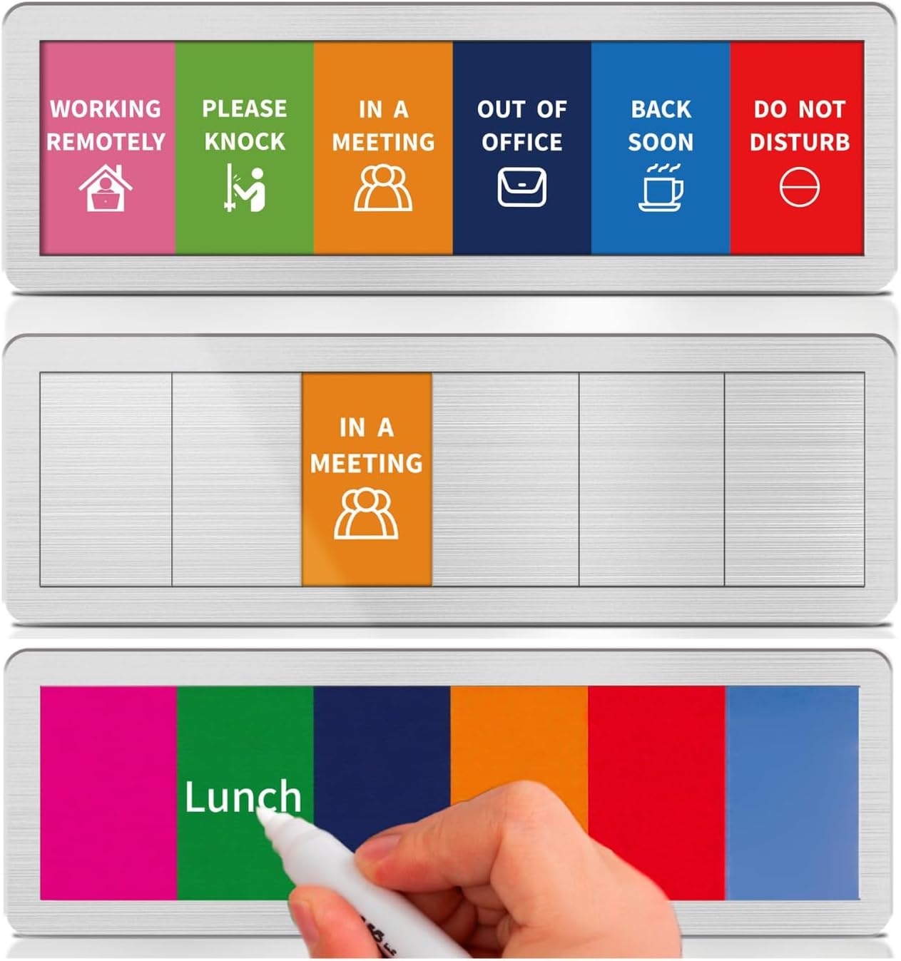 Office Door Signs with 6 Printed Status Options – Do Not Disturb, Out of Office, In a Meeting, Please Knock, Work from Home, Back Soon – Includes Custom Personalized Blank Sticker for Privacy Workspace or Studio Available and Away