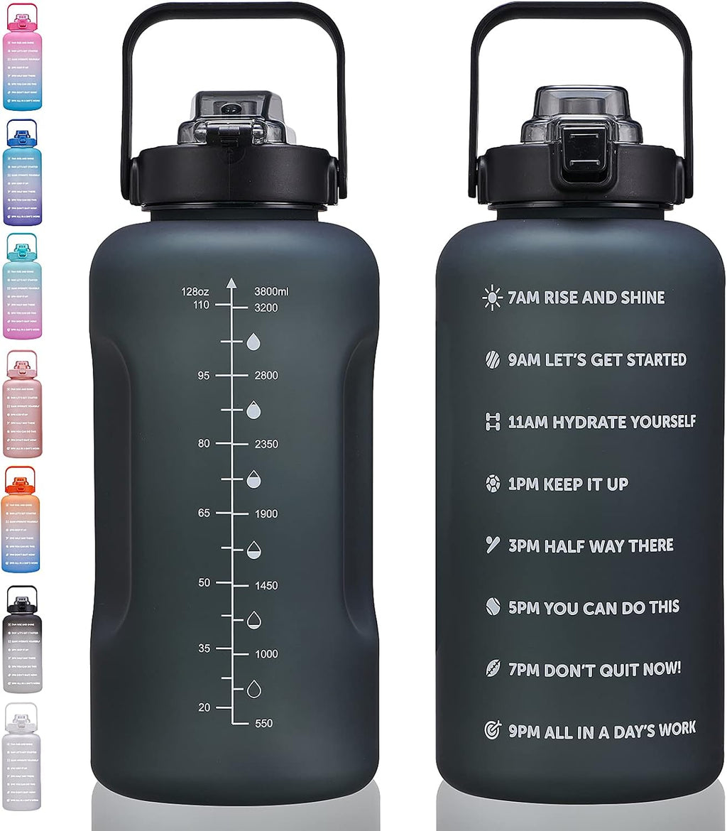 64oz,100oz,128oz Large Motivational Water Bottle with Time Marker, Leakproof & BPA Free Half Gallon Big Water Bottle with Straw Handle Tritan Frosted Water Jug for Gym,Fitness,Outdoor Sports