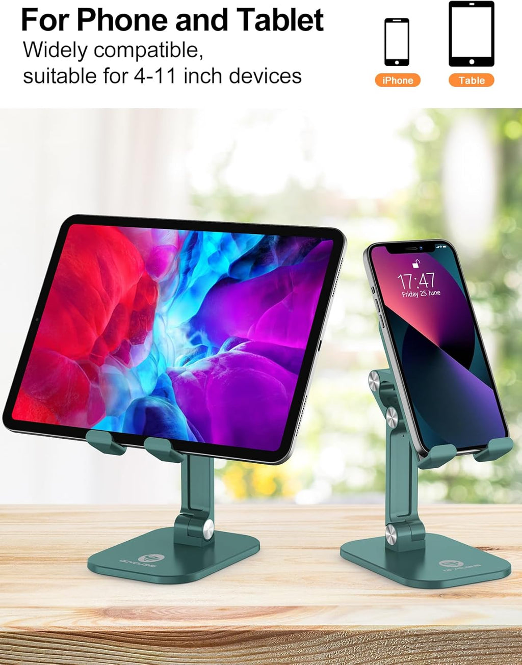 OCYCLONE Phone Stand, Adjustable Height and Angle Foldable Cell Phone Stand Holder for Desk, Taller iPhone Stand Compatible with 4.7"-13" Smartphones iPad Tablet, Green