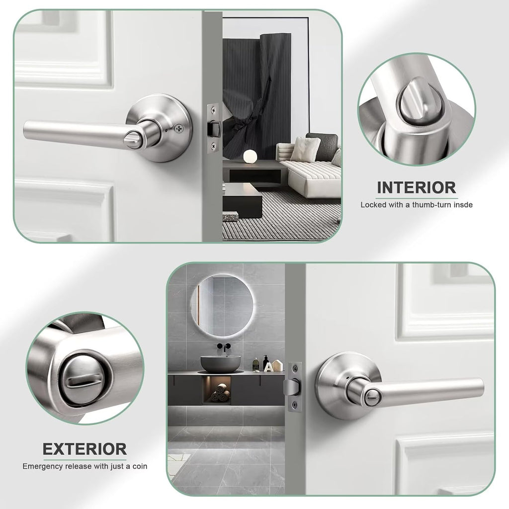 GOBEKOR 5 Pack Brushed Nickel Door Handles Privacy Door Levers with Lock,Heavy Duty Interior Door Handles for Bedroom and Bathroom,Sleek Round Door Lever Satin Nickel with No Key