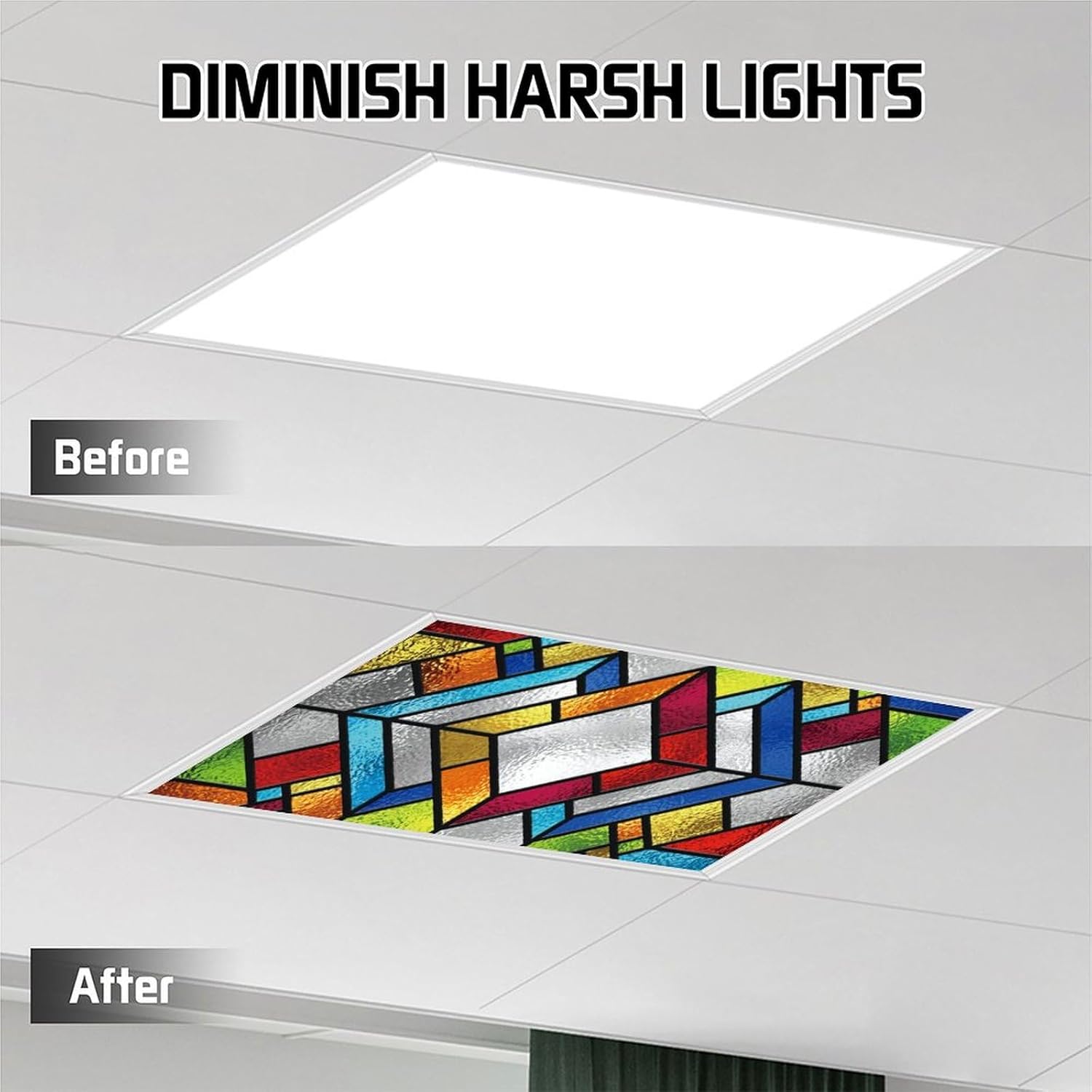 2PCS Fluorescent Light Cover for Ceiling Light Classroom-Stained Glass Patten Magnetic Light Cover Shade Panel,Decorative Film Filter for Reducing Harsh Glare Flicker Home School Office Decorations