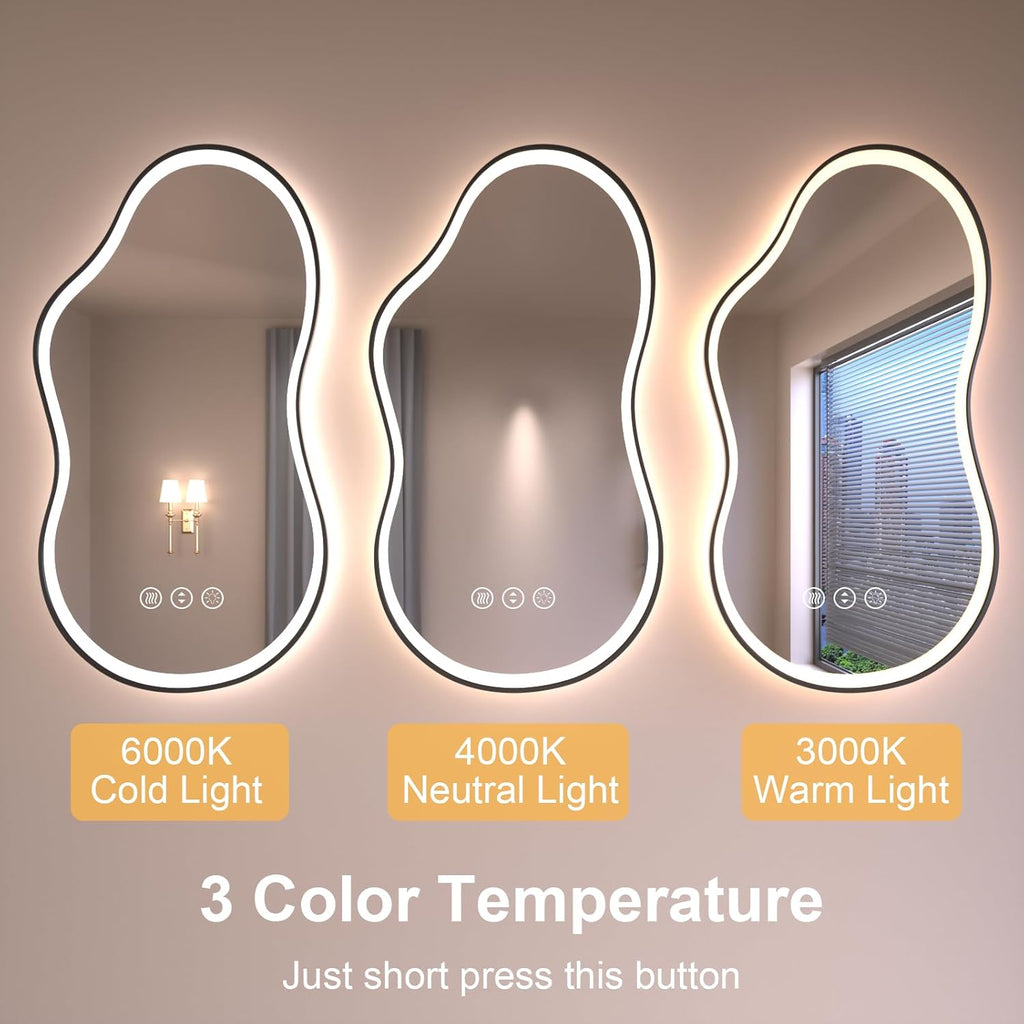 WTTY LED Irregular Bathroom Mirror 24x36 Inch with Front & Back Lights - Asymmetrical Design, Anti-Fog, Dimmable 3 Color Temperatures, Shatterproof Glass, Horizontal or Vertical Mount (Black Frame)