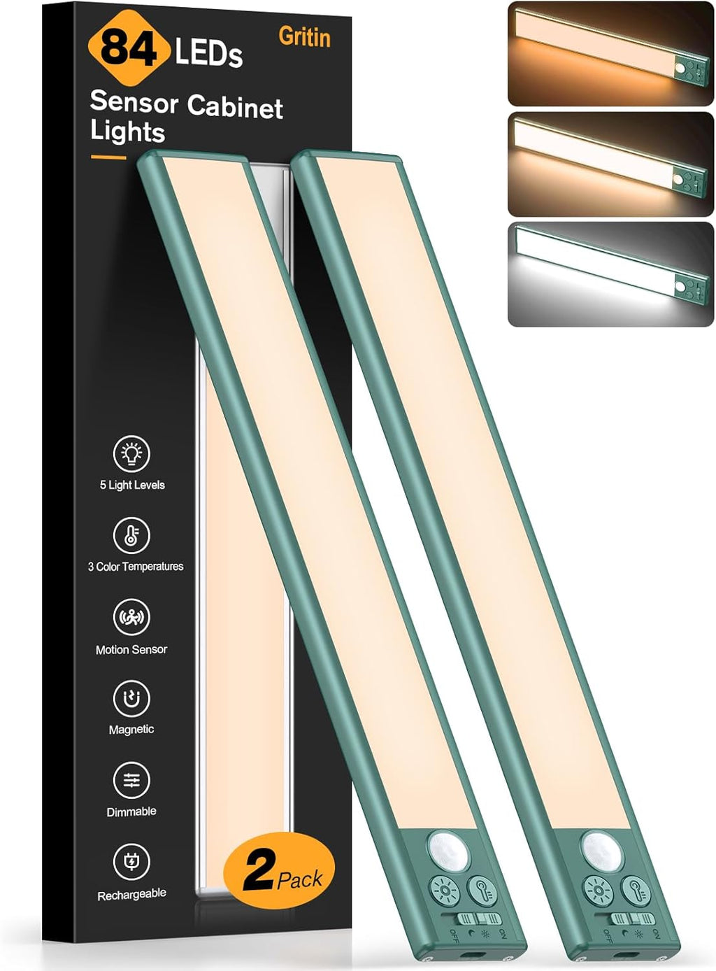 Gritin 10.2inch Under Cabinet Lighting Rechargeable -84 LED Super Bright,3-Color& 5 Level Brightness,4 Modes,Motion Sensor, Long Lasting- Easy Installation Magnetic Closet Lights -2 Pack-Green