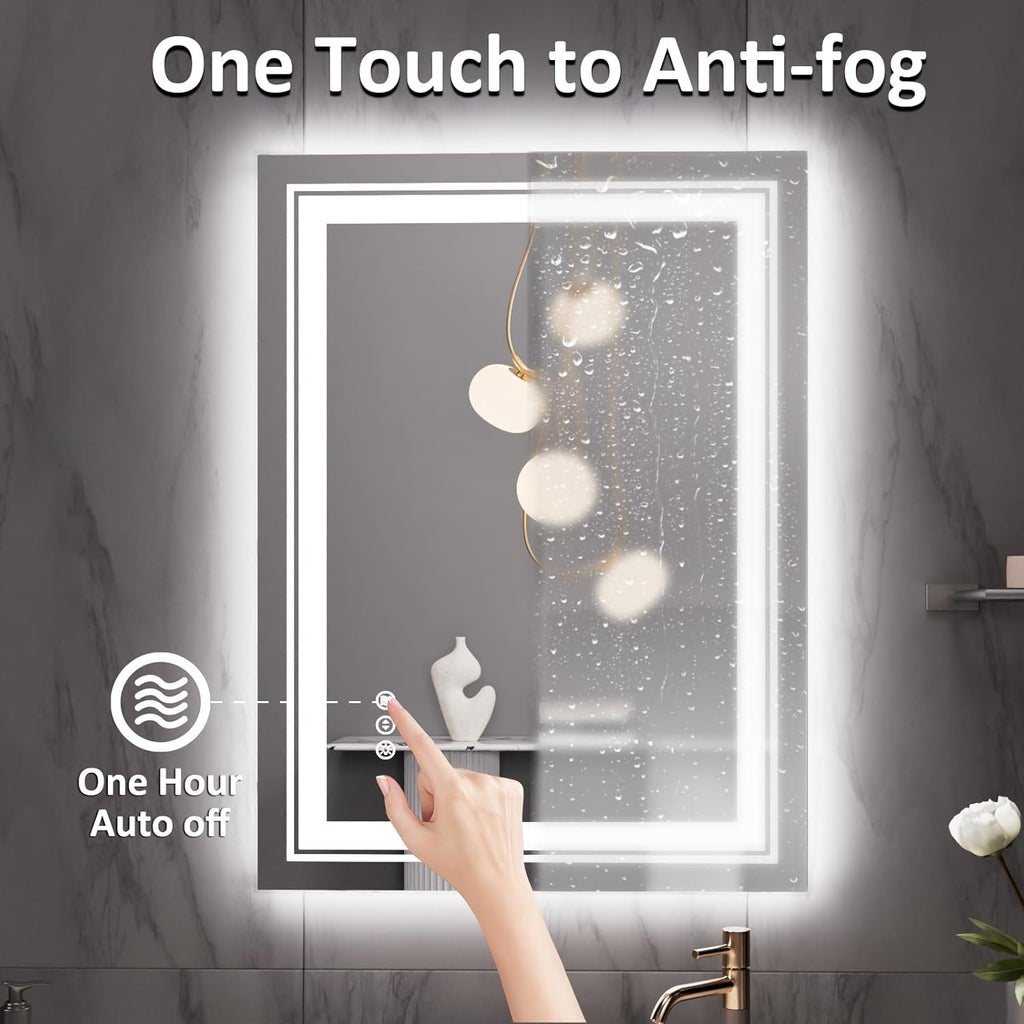 28" x 20" LED Bathroom Mirror with Lights, Front and Backlit Mirror, Anti-Fog Lighted Vanity Mirror, Stepless Dimmable, 3 Colors LED Mirror (Horizontal/Vertical)
