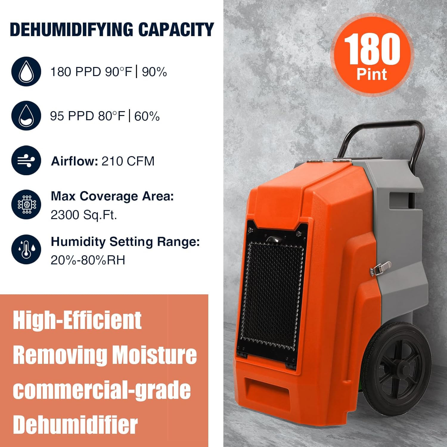 MOUNTO 180Pints LGR Industrial Dehumidifier with Pump and Drain Hose, Portable Commercial Dehumidifier with Wheels for Home, Basements, Garages, and Job Sites (Orange)