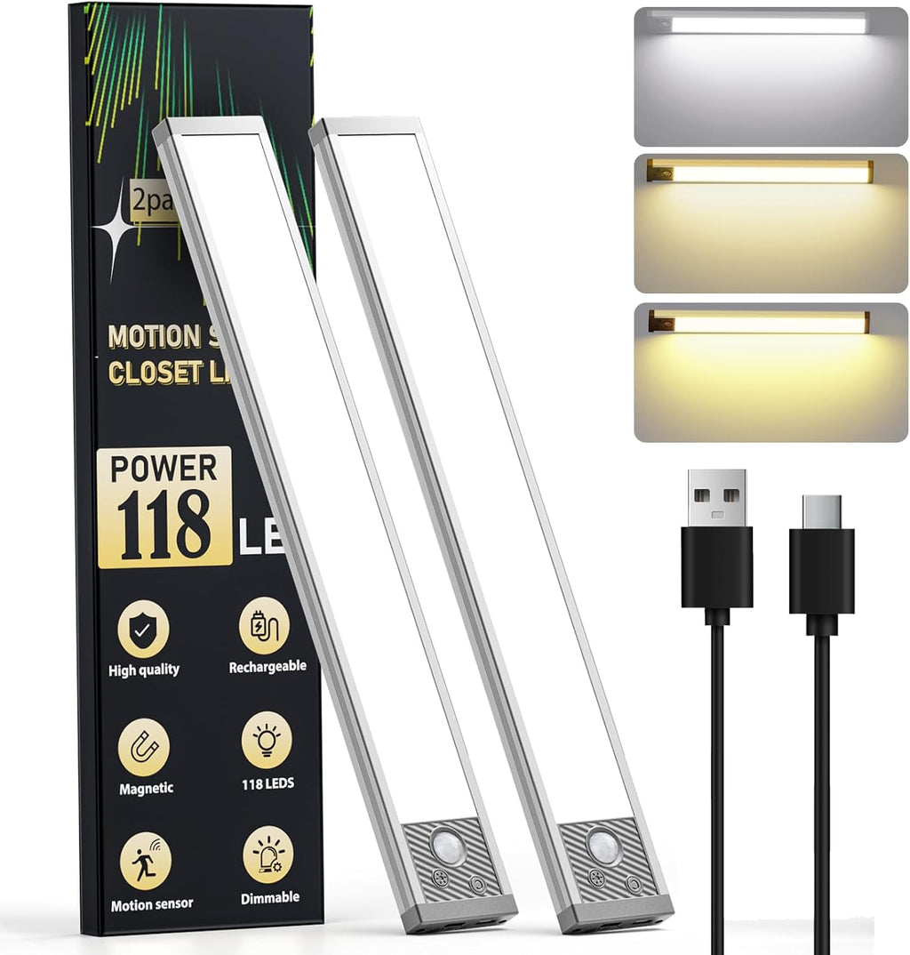 Under Cabinet Lighting, 3 Color Under Cabinet Lights Motion Sensor, 3200mAh Rechargeable 118LED Magnetic Light Bar Indoor, Wireless Battery Operated Closet Lights for Kitchen Home Stairs, 2Pack