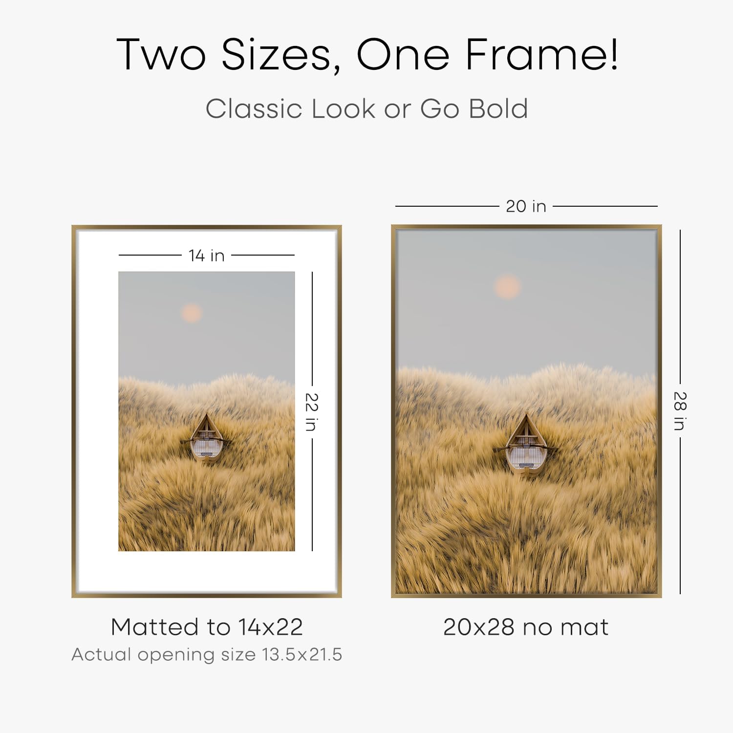 Homeforia Picture 20x28 Bronze Frame, High End Metal 20 x 28 Brass Poster Frames with Mat 14 x 22 for Photo, 20x28 Frame Matted to 14x22 Print, 28x20 Hanging Frames, Tempered Glass, Wall Kit, Set of 2