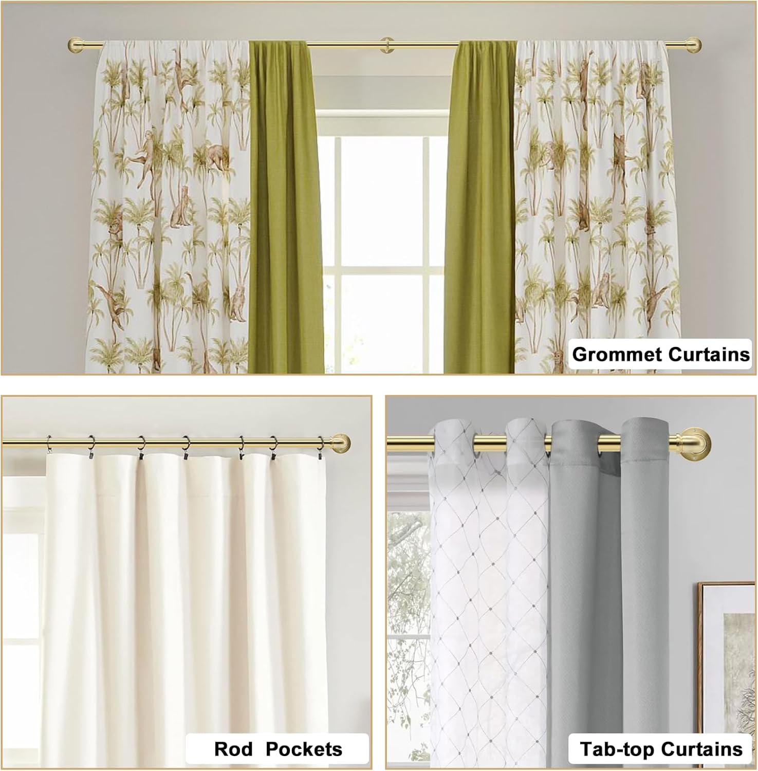 Brushed Gold Curtain Rods 18 to 88 in,Wraparound Curtain Rods,Adjustable Length,1 in Diameter Pipe,Wall or Ceiling Mounted,for Bedroom and Living Room (Brushed Gold 18” to 88”)